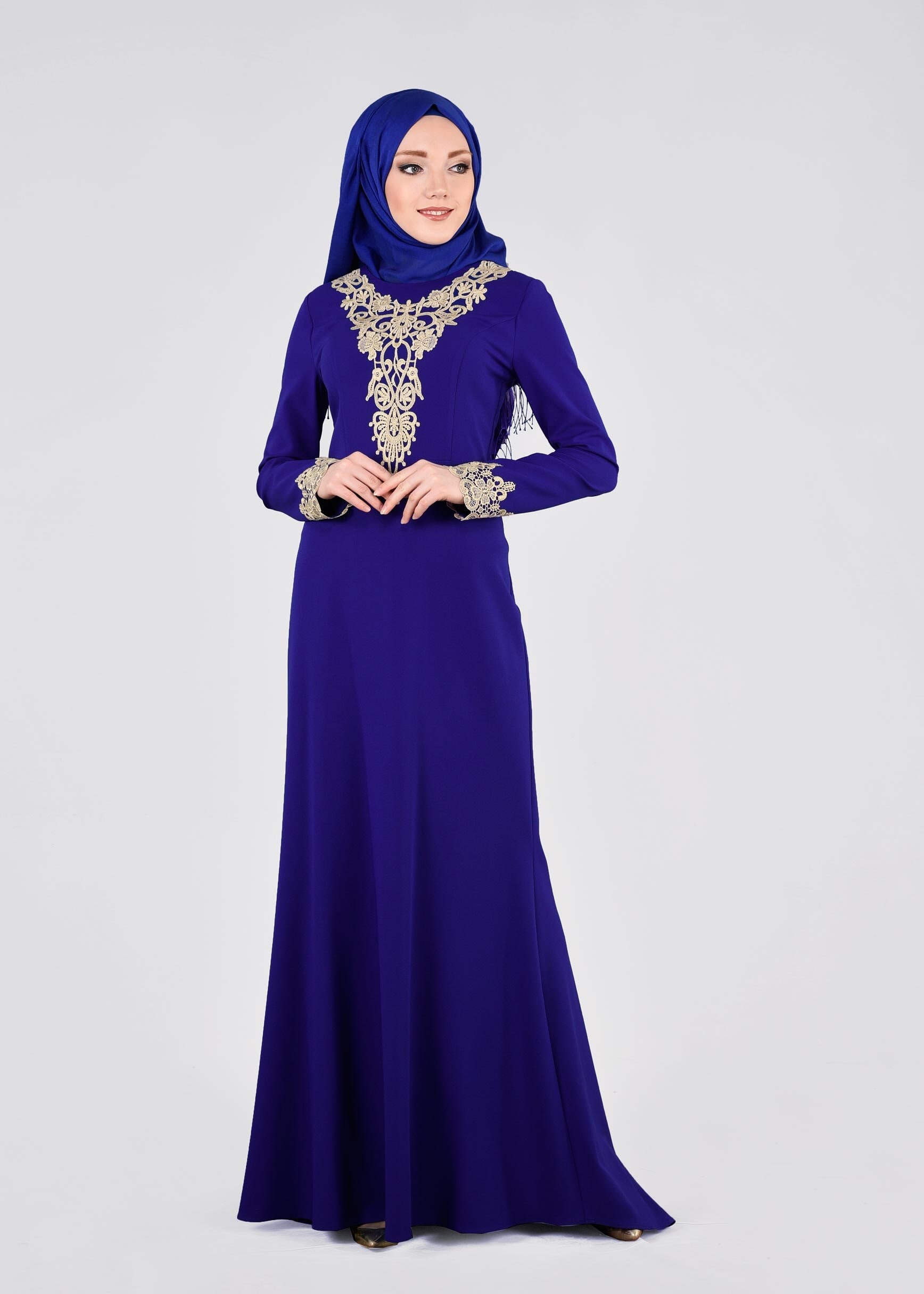 Tesettür giyim LACİVERT İŞLEMELİ ABİYE ELBİSE 5377