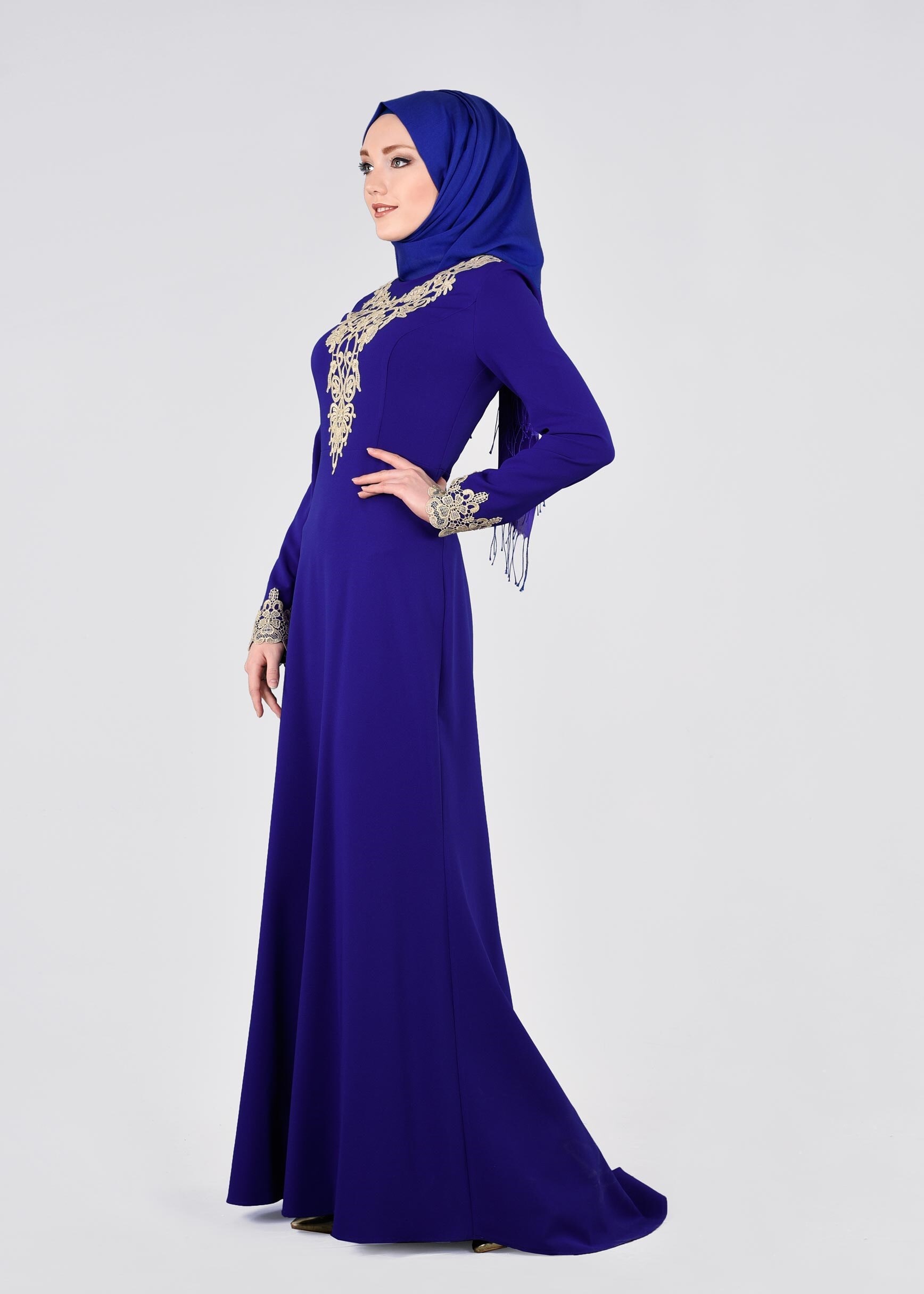 Tesettür giyim LACİVERT İŞLEMELİ ABİYE ELBİSE 5377