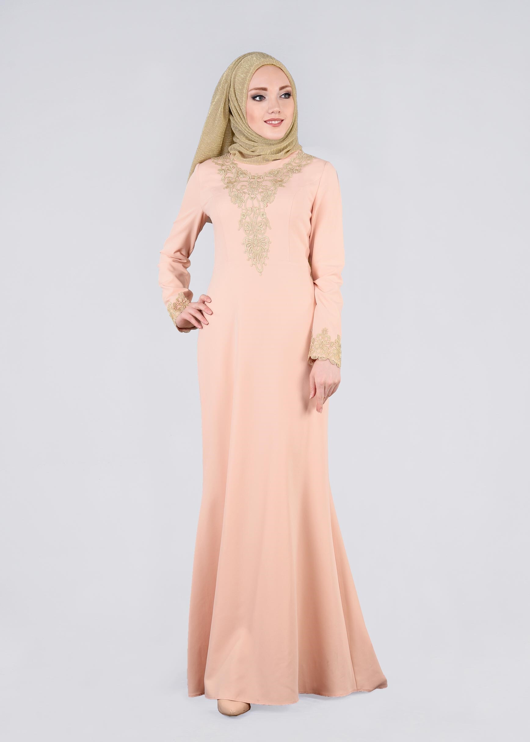 Tesettür giyim PUDRA İŞLEMELİ ABİYE ELBİSE 5377