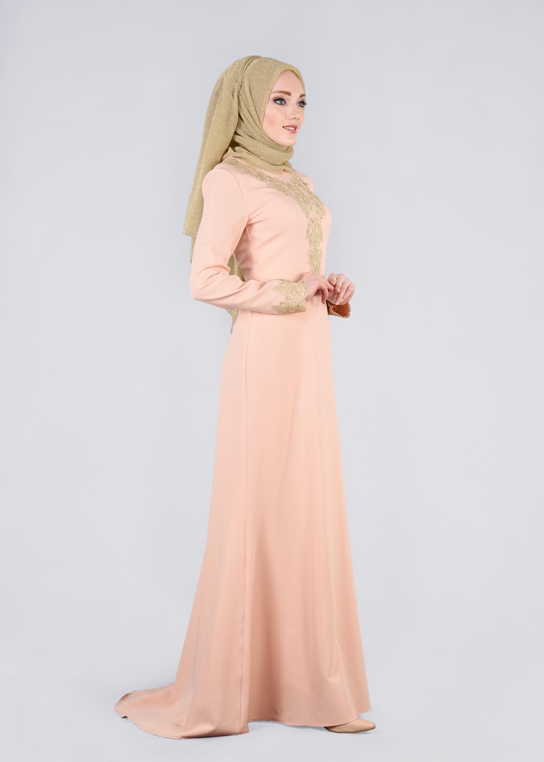 Tesettür giyim PUDRA İŞLEMELİ ABİYE ELBİSE 5377