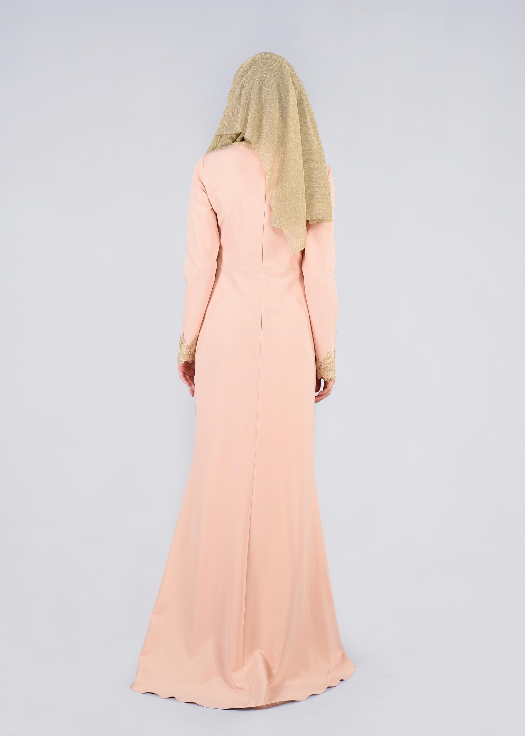 Tesettür giyim PUDRA İŞLEMELİ ABİYE ELBİSE 5377