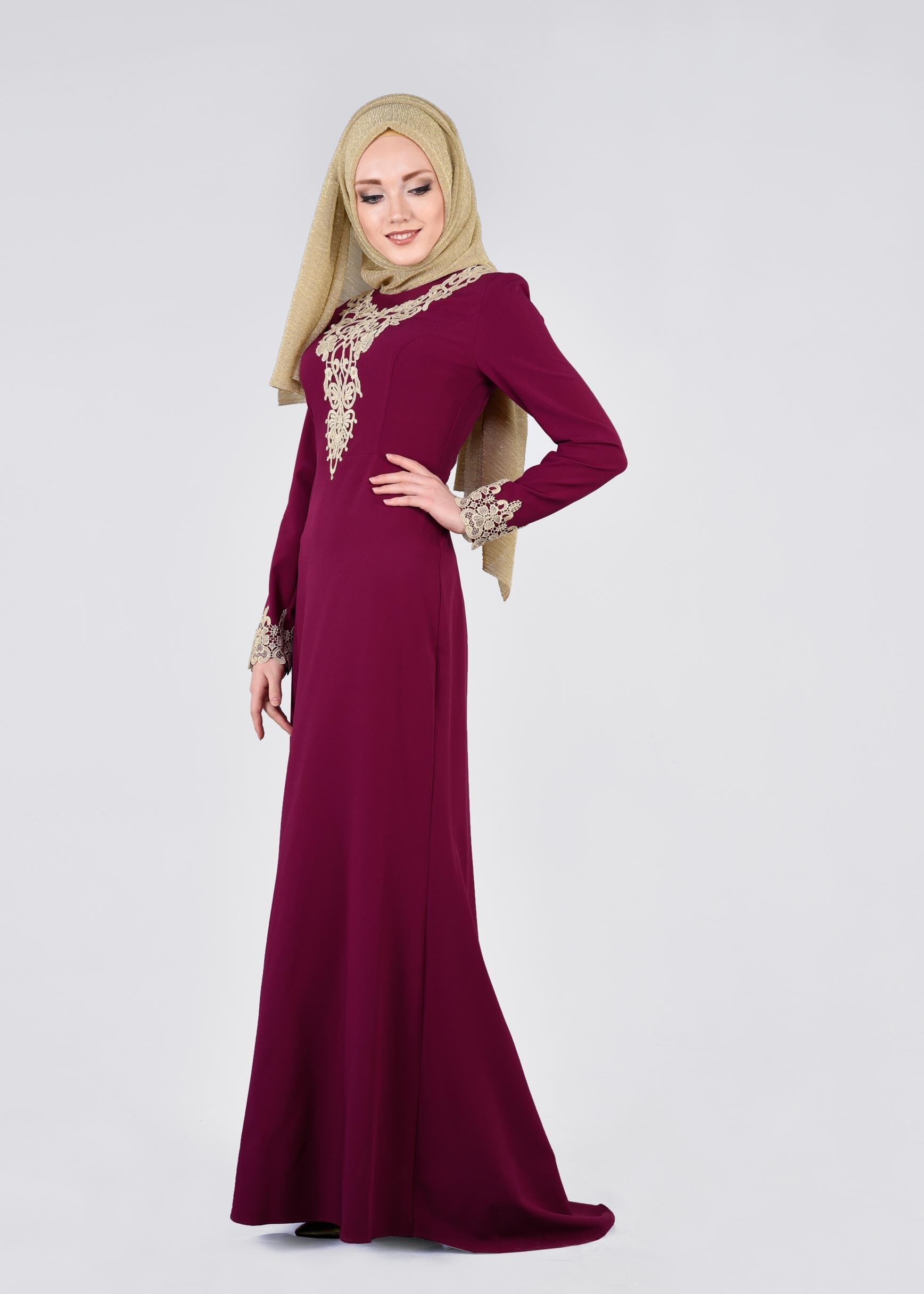 Tesettür giyim MOR İŞLEMELİ ABİYE ELBİSE 5377