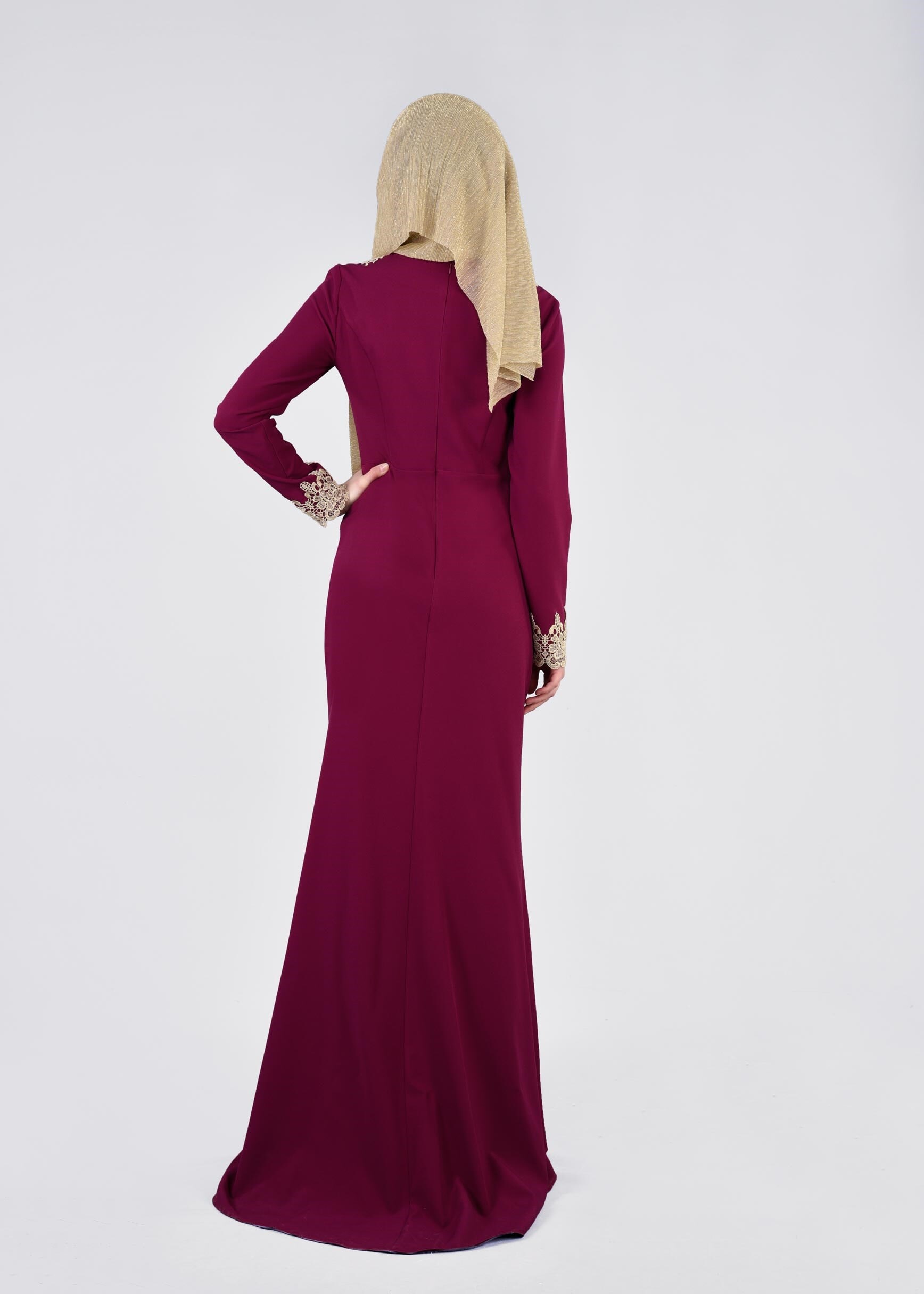 Tesettür giyim MOR İŞLEMELİ ABİYE ELBİSE 5377