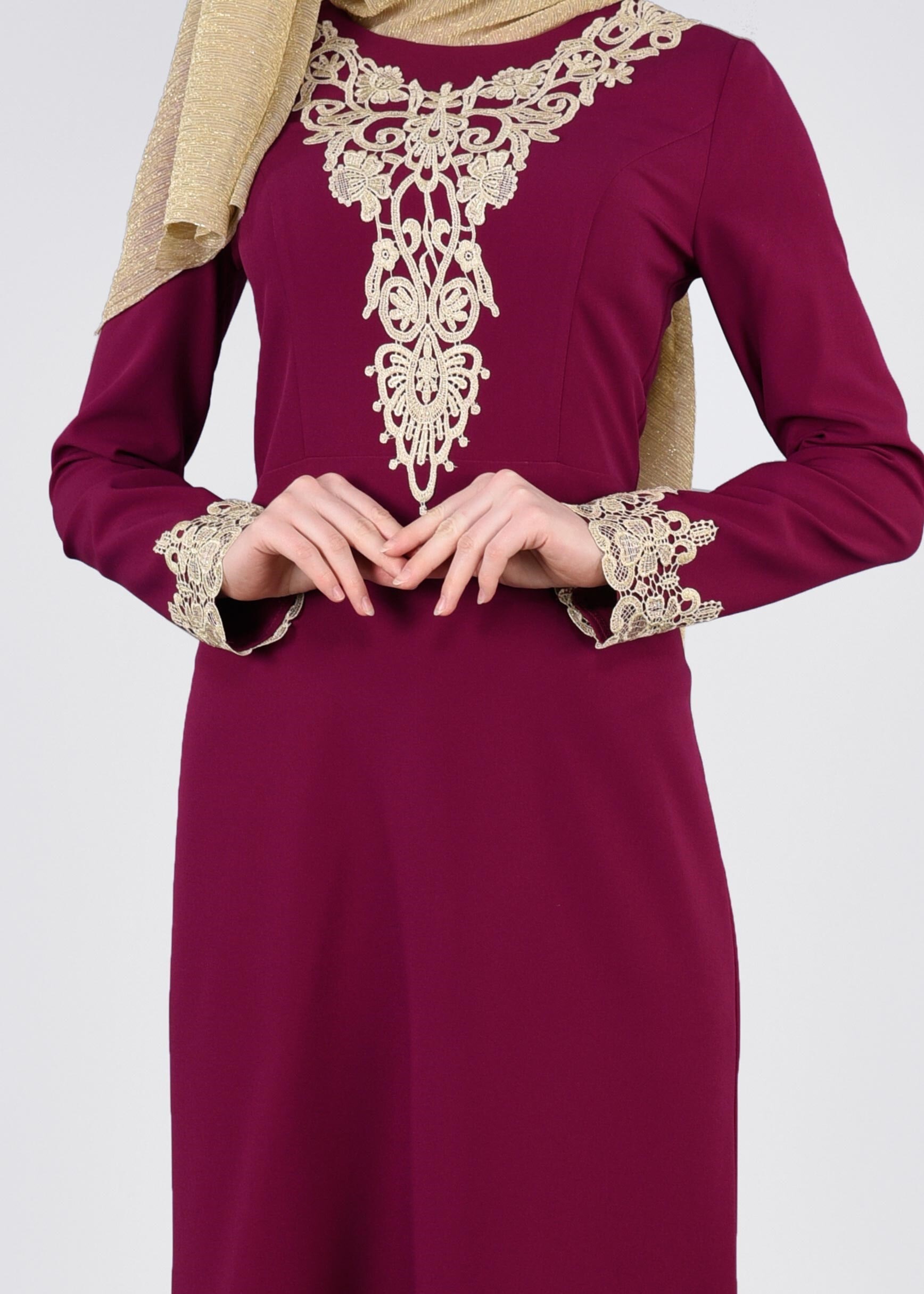 Tesettür giyim MOR İŞLEMELİ ABİYE ELBİSE 5377