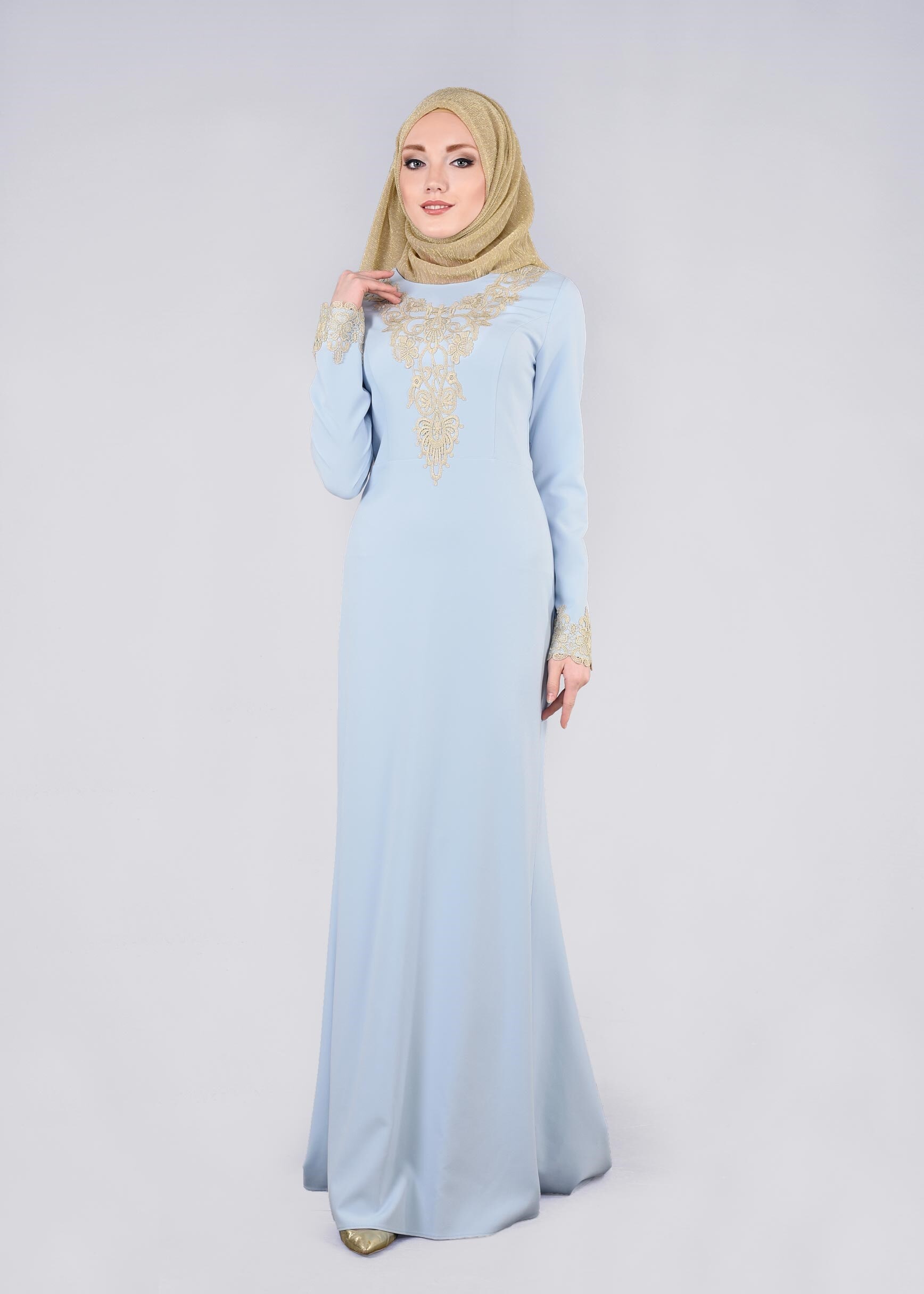 Tesettür giyim MAVİ İŞLEMELİ ABİYE ELBİSE 5377