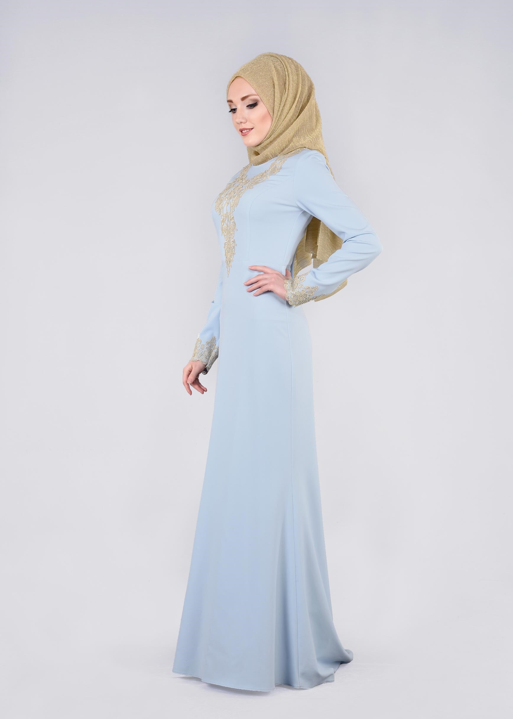 Tesettür giyim MAVİ İŞLEMELİ ABİYE ELBİSE 5377