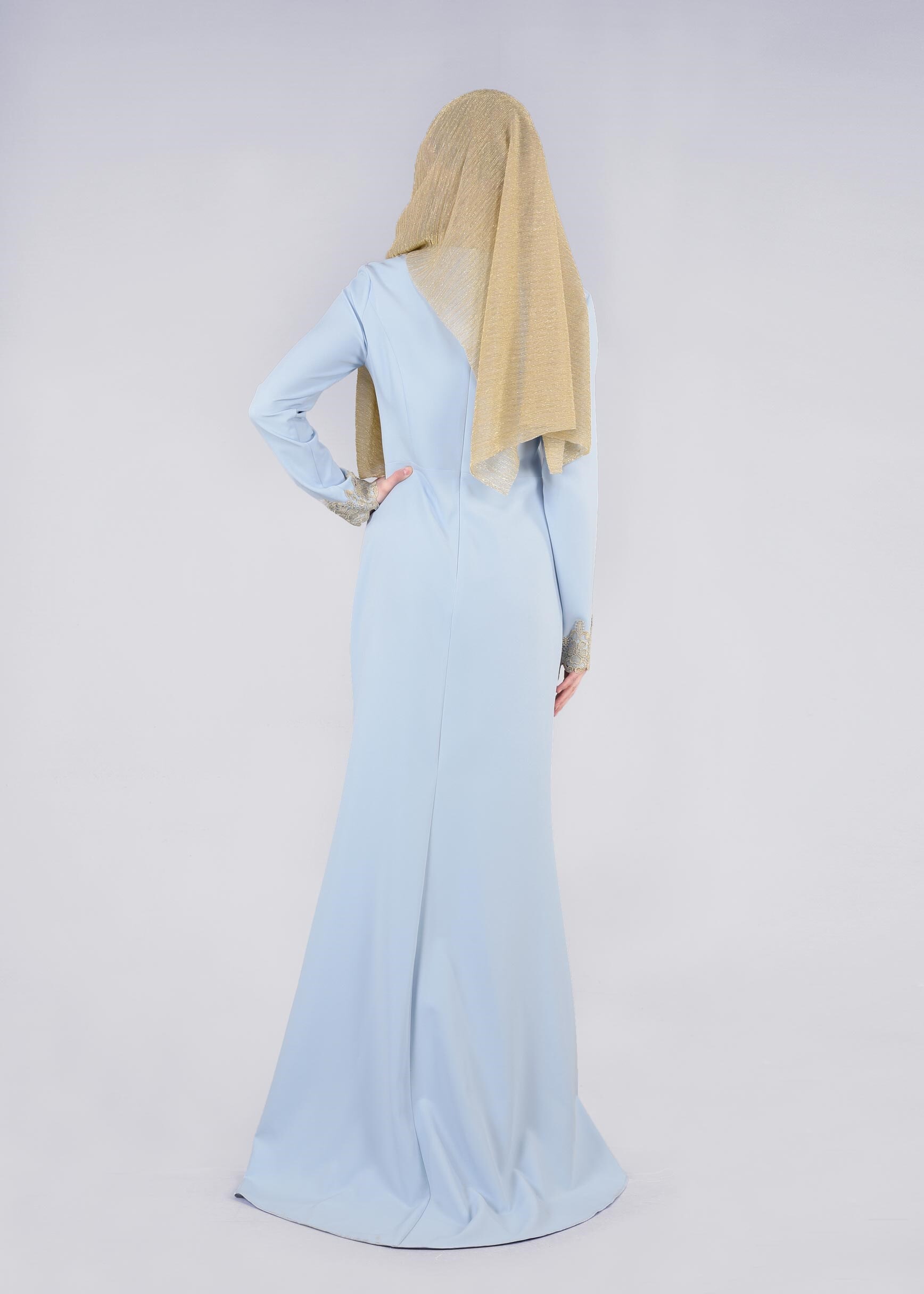 Tesettür giyim MAVİ İŞLEMELİ ABİYE ELBİSE 5377