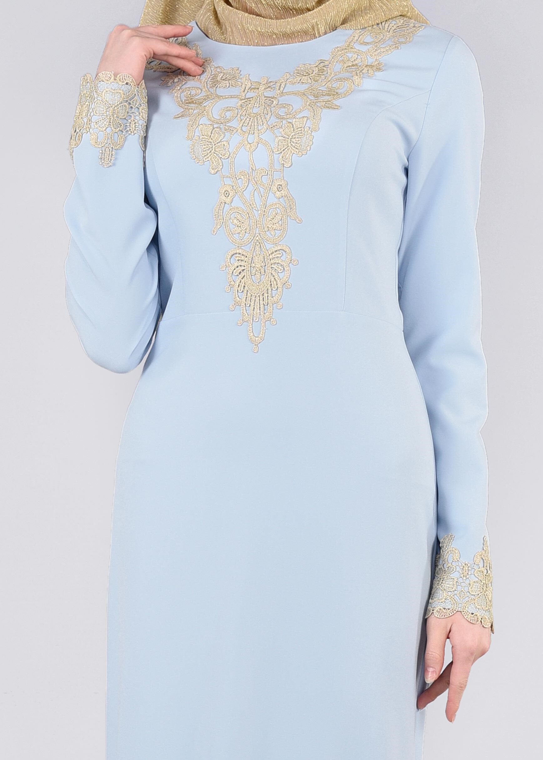 Tesettür giyim MAVİ İŞLEMELİ ABİYE ELBİSE 5377