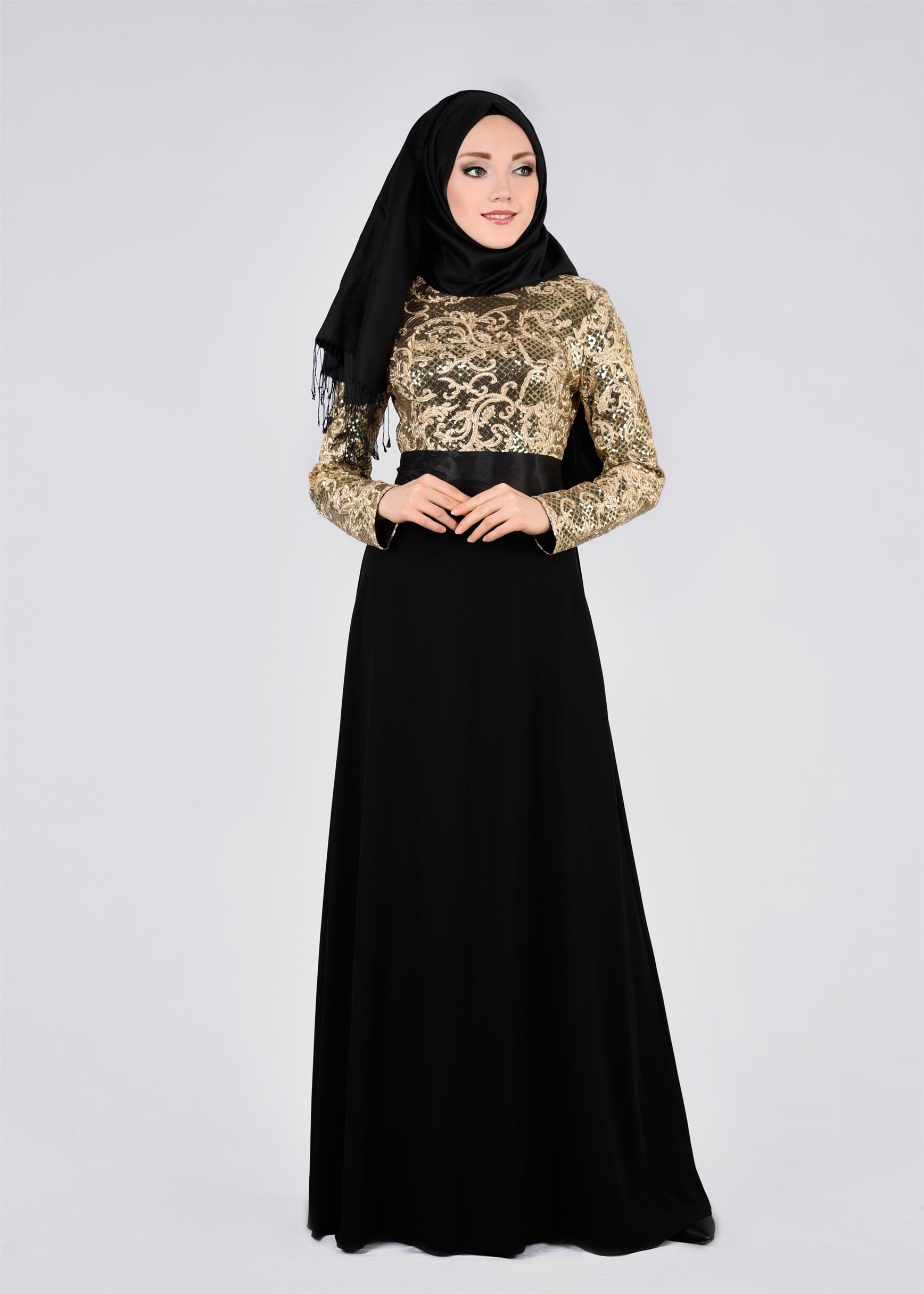 Tesettür giyim SİYAH PUL PAYET İŞLEMELİ ABİYE ELBİSE 5379
