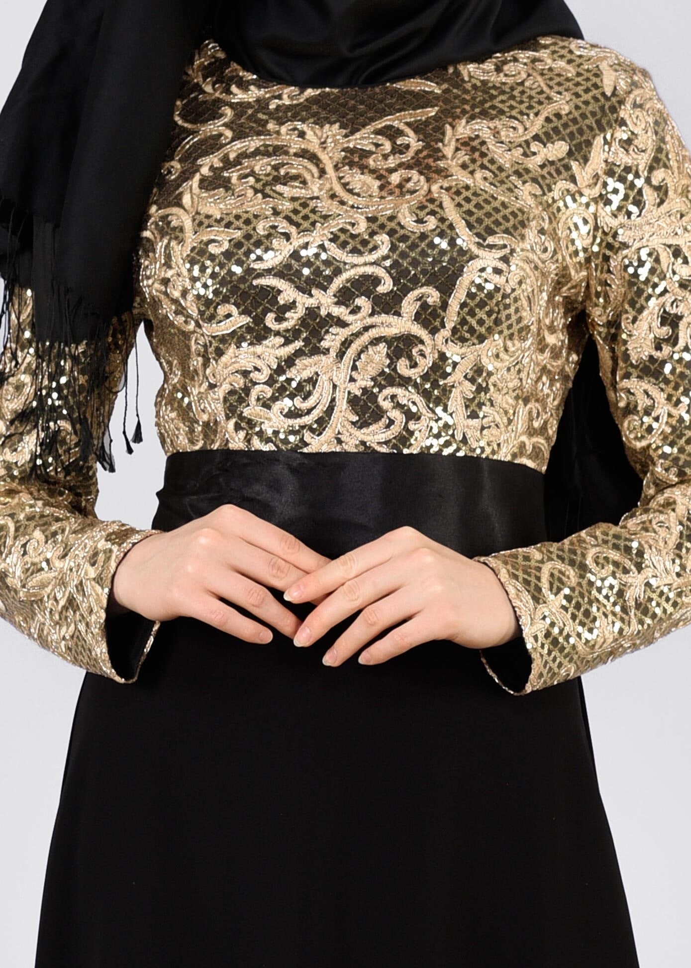 Tesettür giyim SİYAH PUL PAYET İŞLEMELİ ABİYE ELBİSE 5379