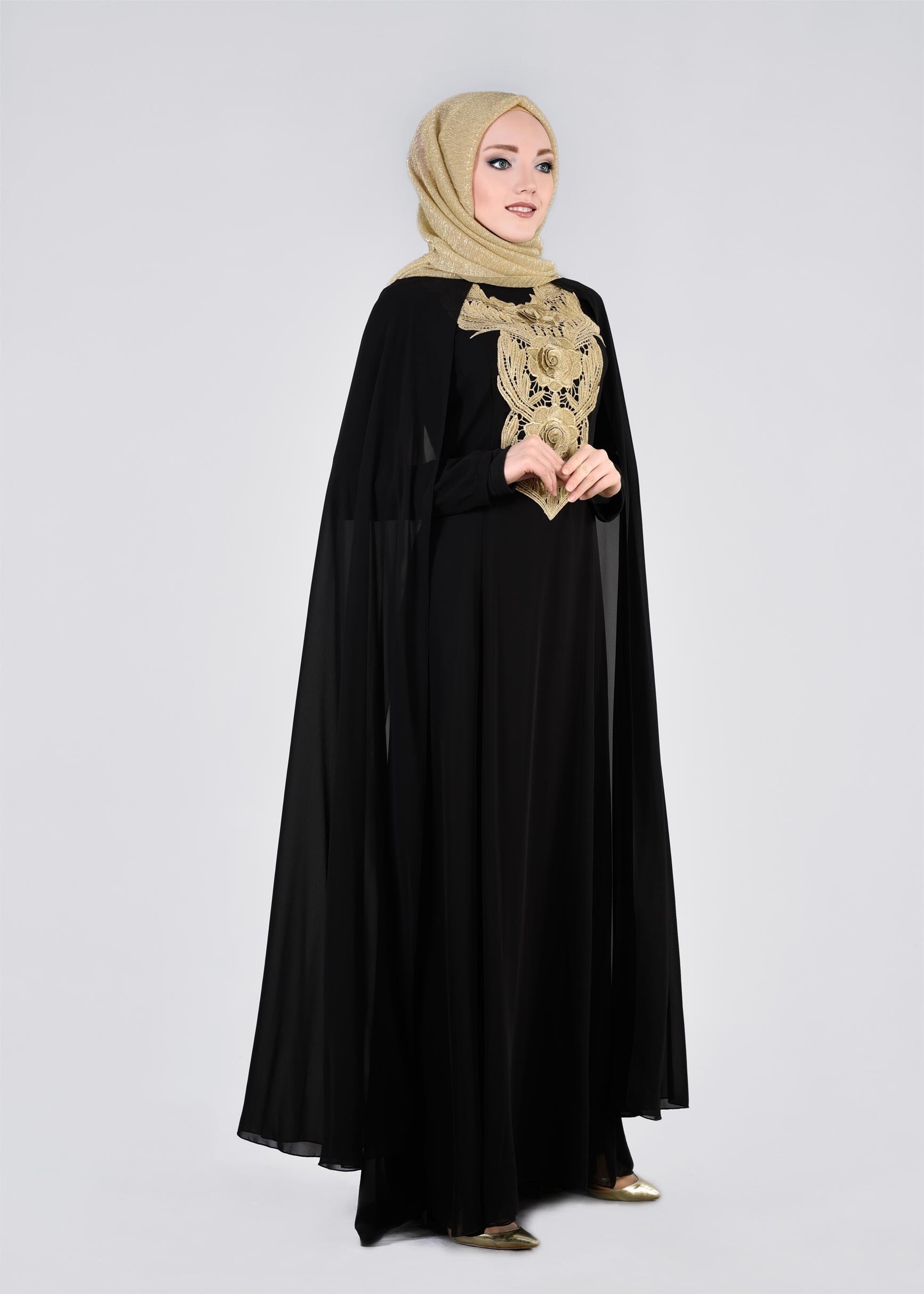 Tesettür giyim SİYAH İŞLEMELİ ŞİFON ABİYE ELBİSE 5380