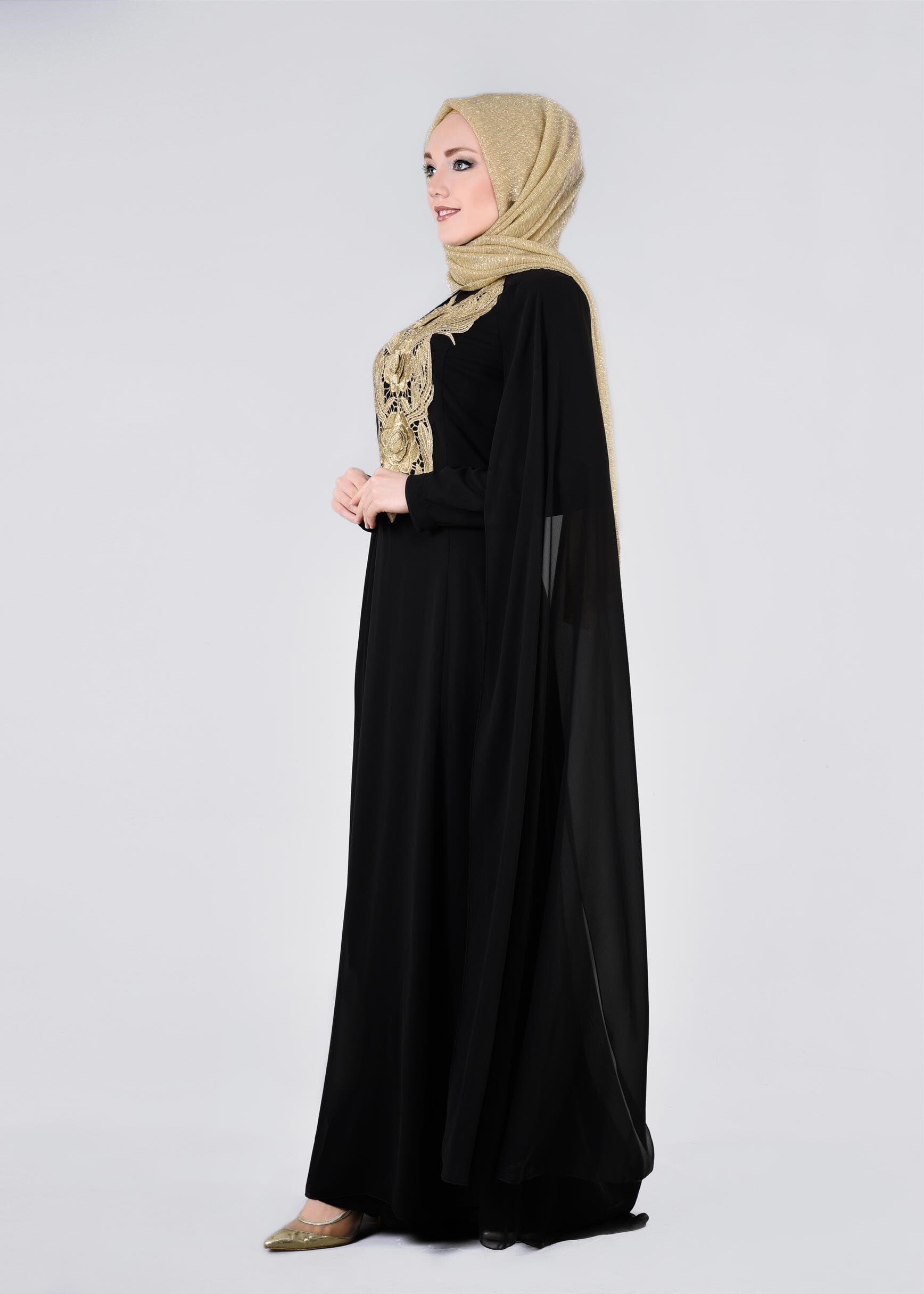 Tesettür giyim SİYAH İŞLEMELİ ŞİFON ABİYE ELBİSE 5380