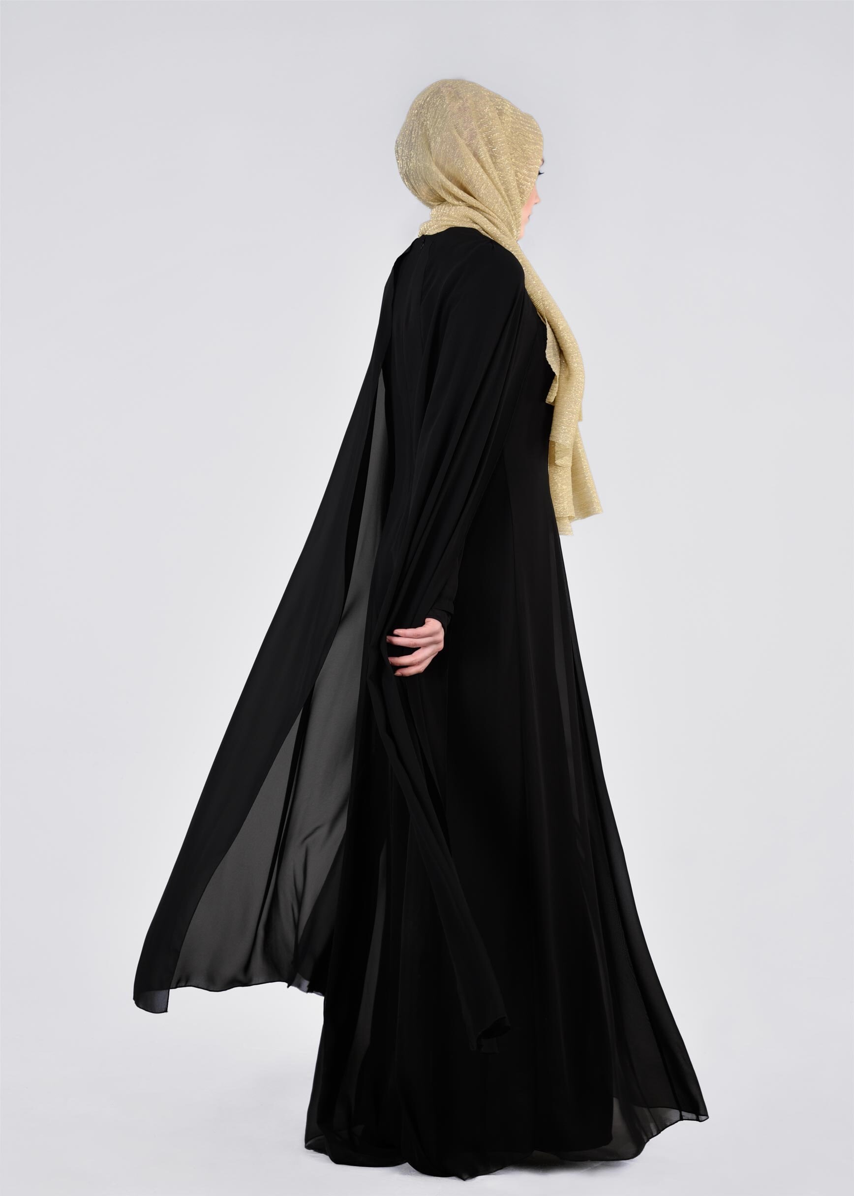 Tesettür giyim SİYAH İŞLEMELİ ŞİFON ABİYE ELBİSE 5380