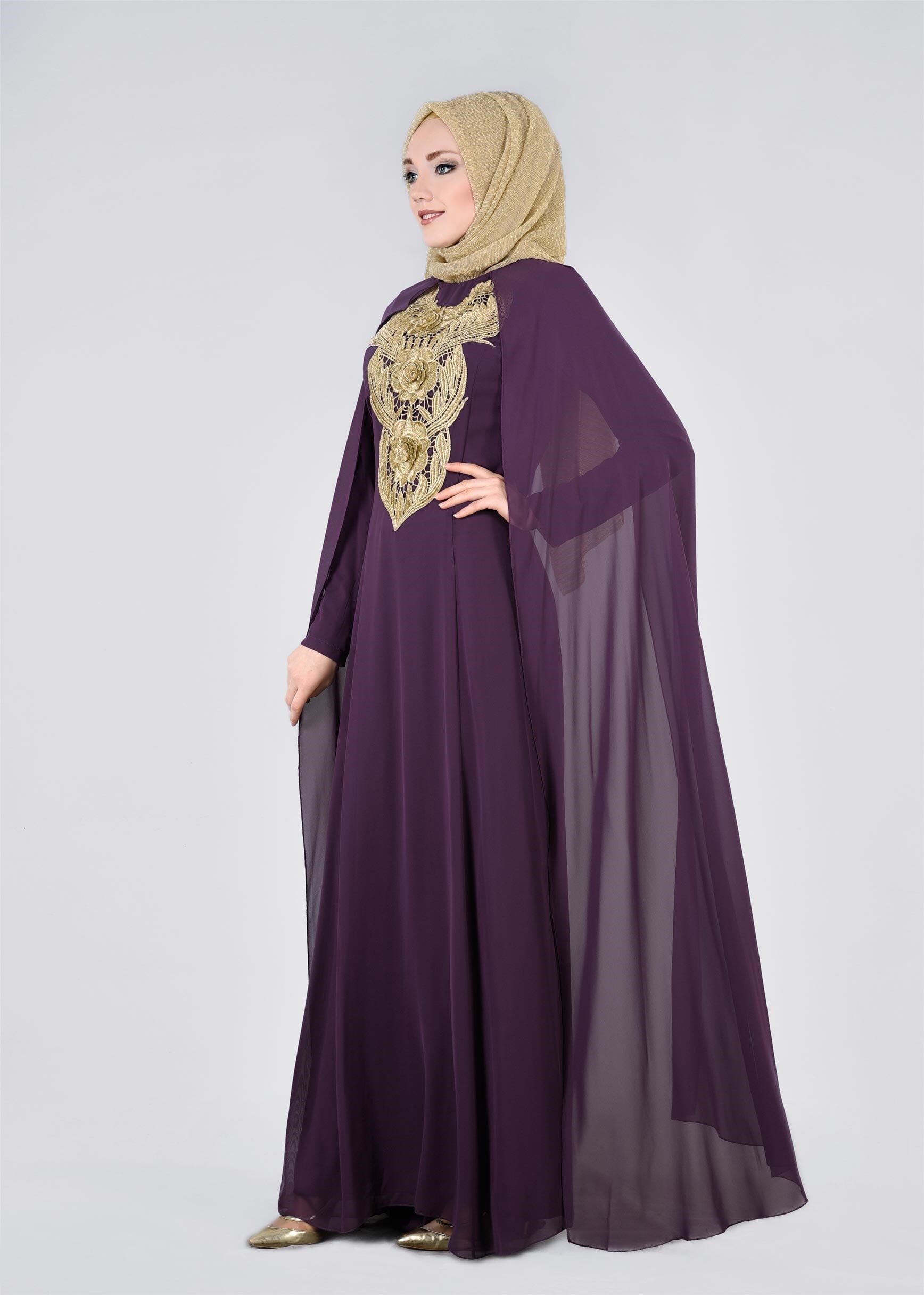 Tesettür giyim MOR İŞLEMELİ ŞİFON ABİYE ELBİSE 5380