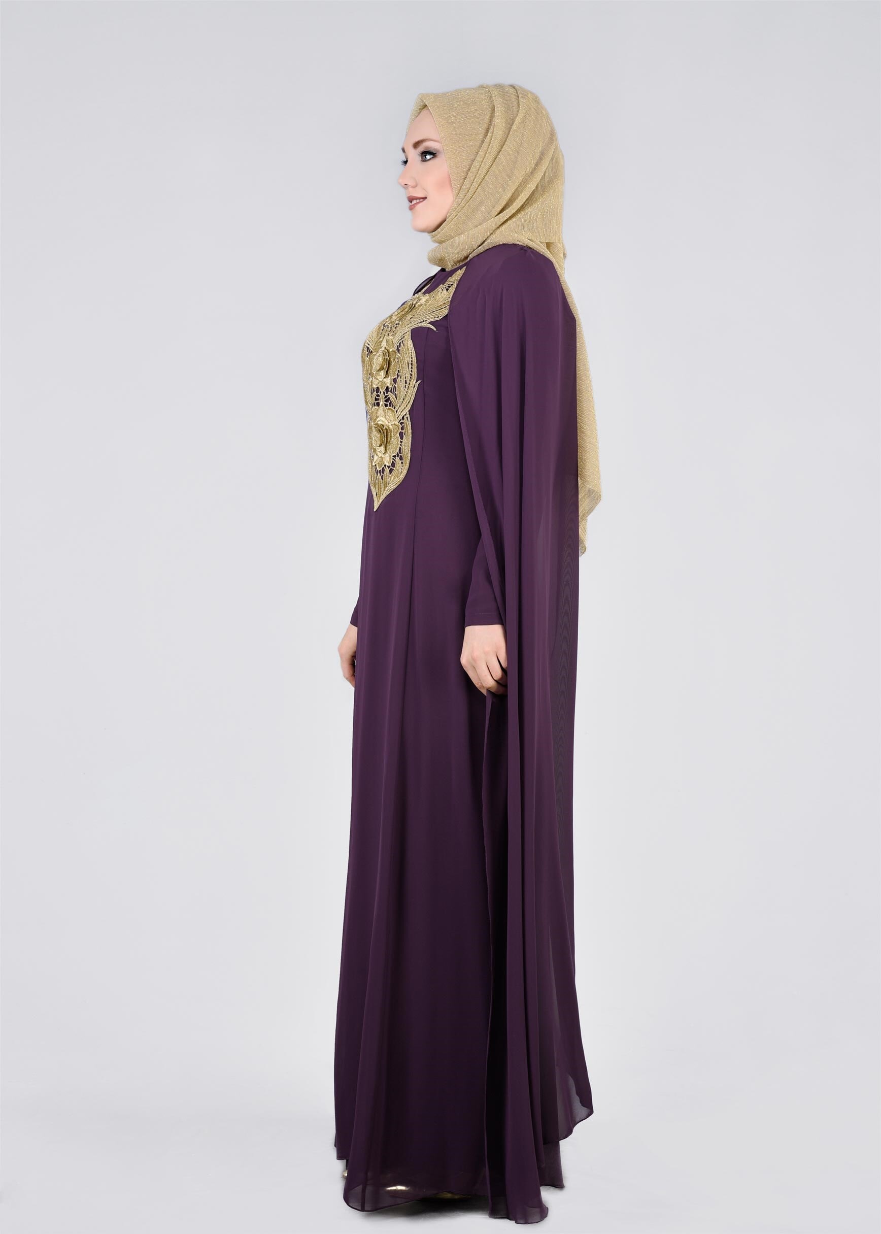 Tesettür giyim MOR İŞLEMELİ ŞİFON ABİYE ELBİSE 5380