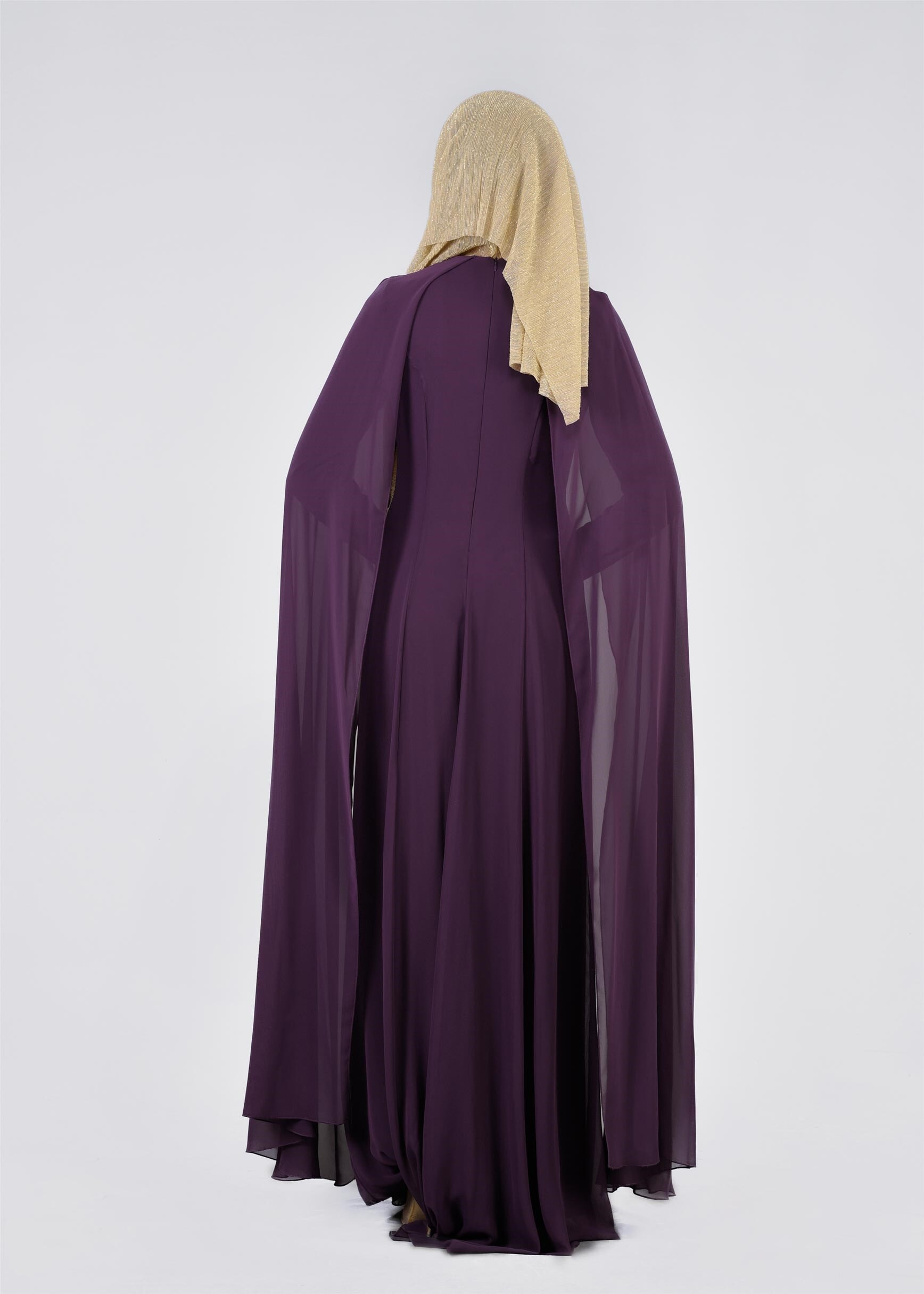 Tesettür giyim MOR İŞLEMELİ ŞİFON ABİYE ELBİSE 5380