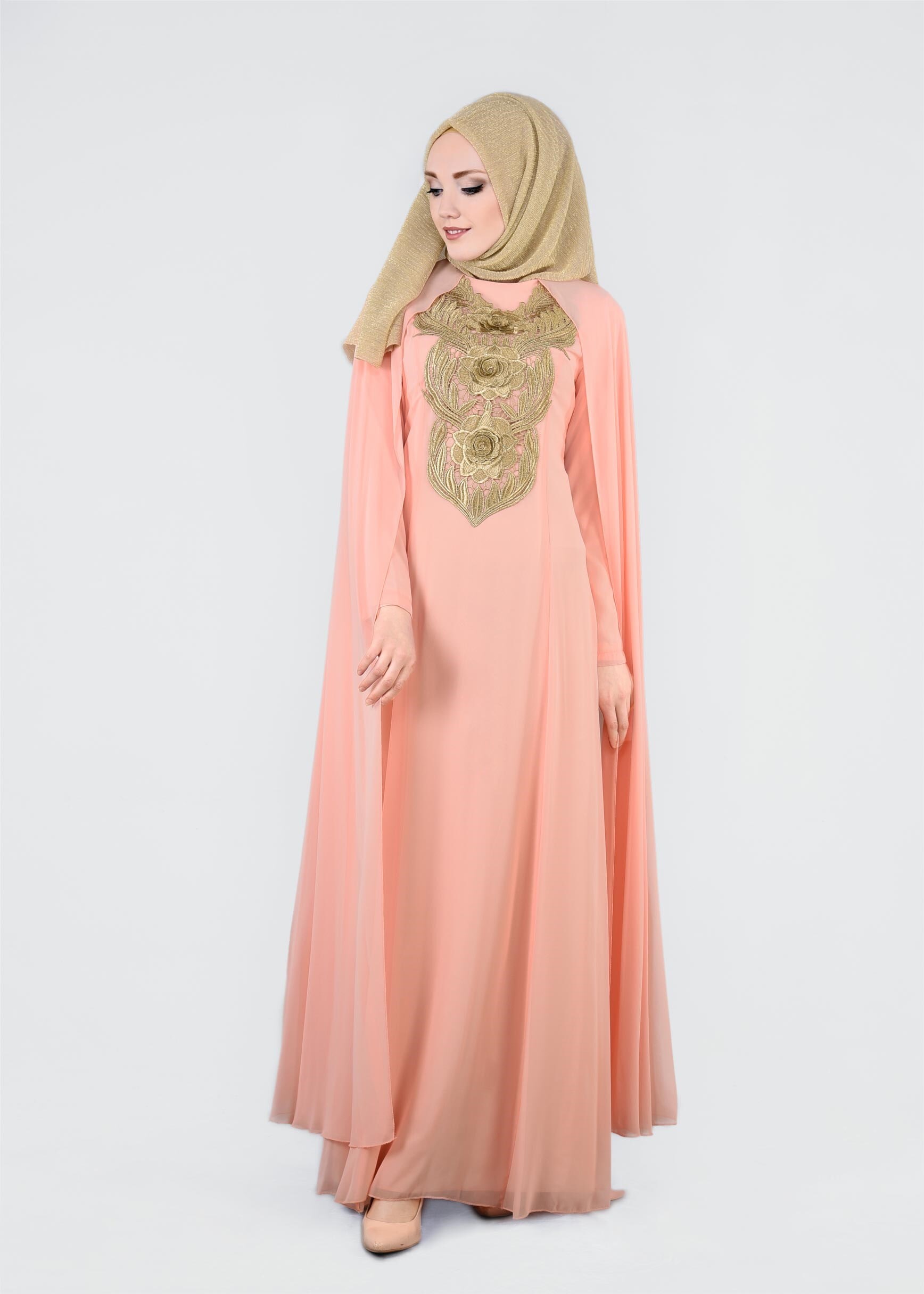 Tesettür giyim PUDRA İŞLEMELİ ŞİFON ABİYE ELBİSE 5380