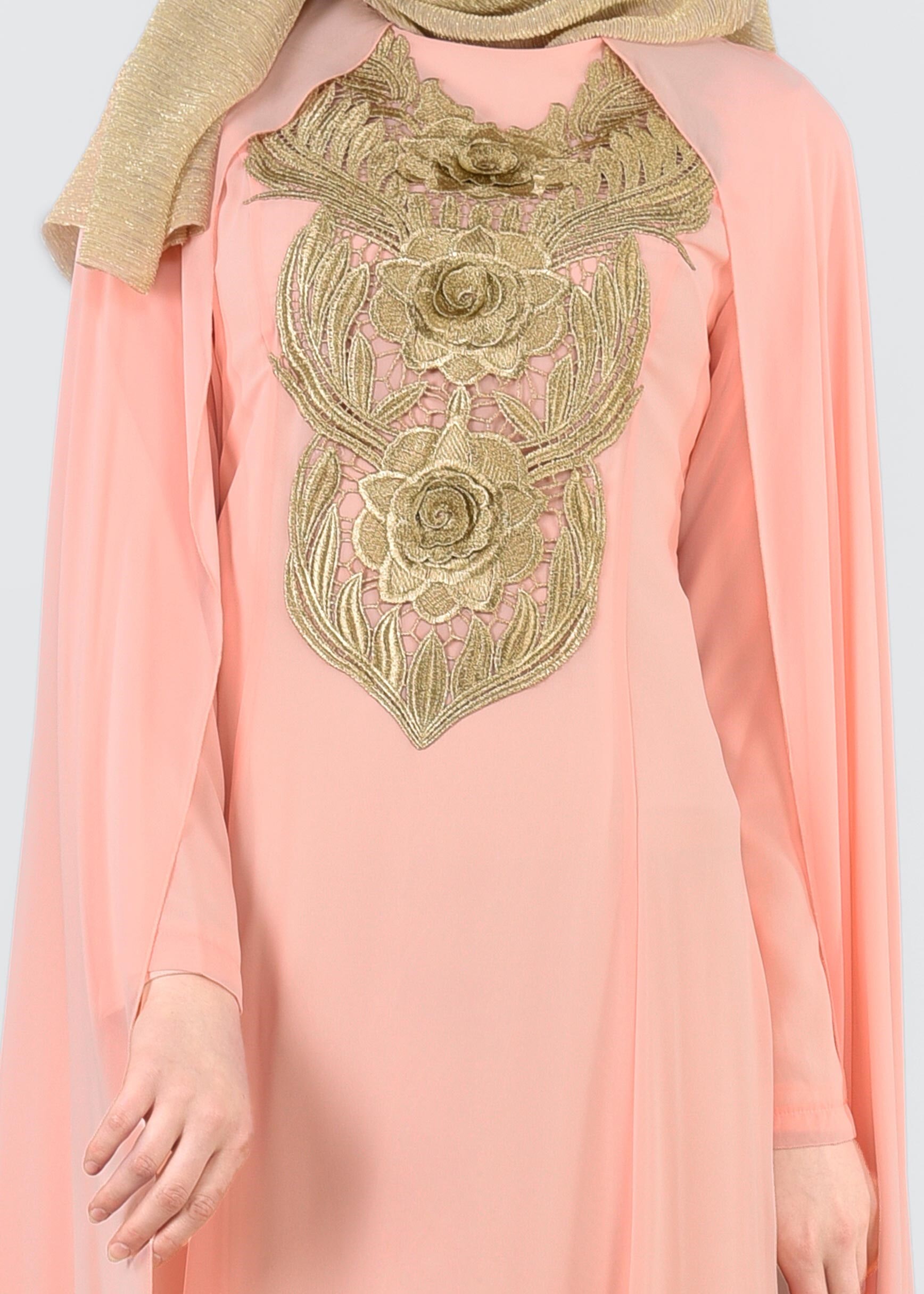 Tesettür giyim PUDRA İŞLEMELİ ŞİFON ABİYE ELBİSE 5380