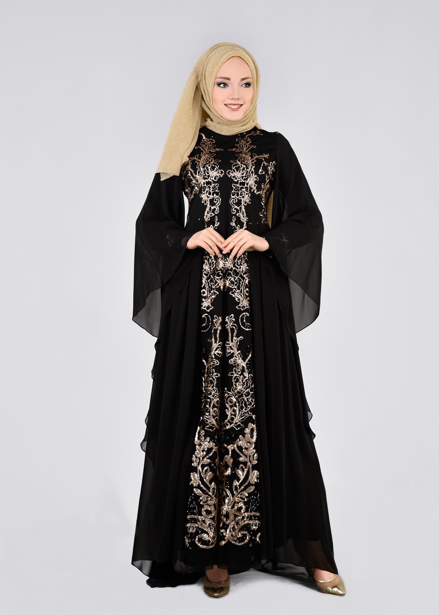 Tesettür giyim SİYAH PUL PAYET İŞLEMELİ ŞİFON ABİYE ELBİSE 5384