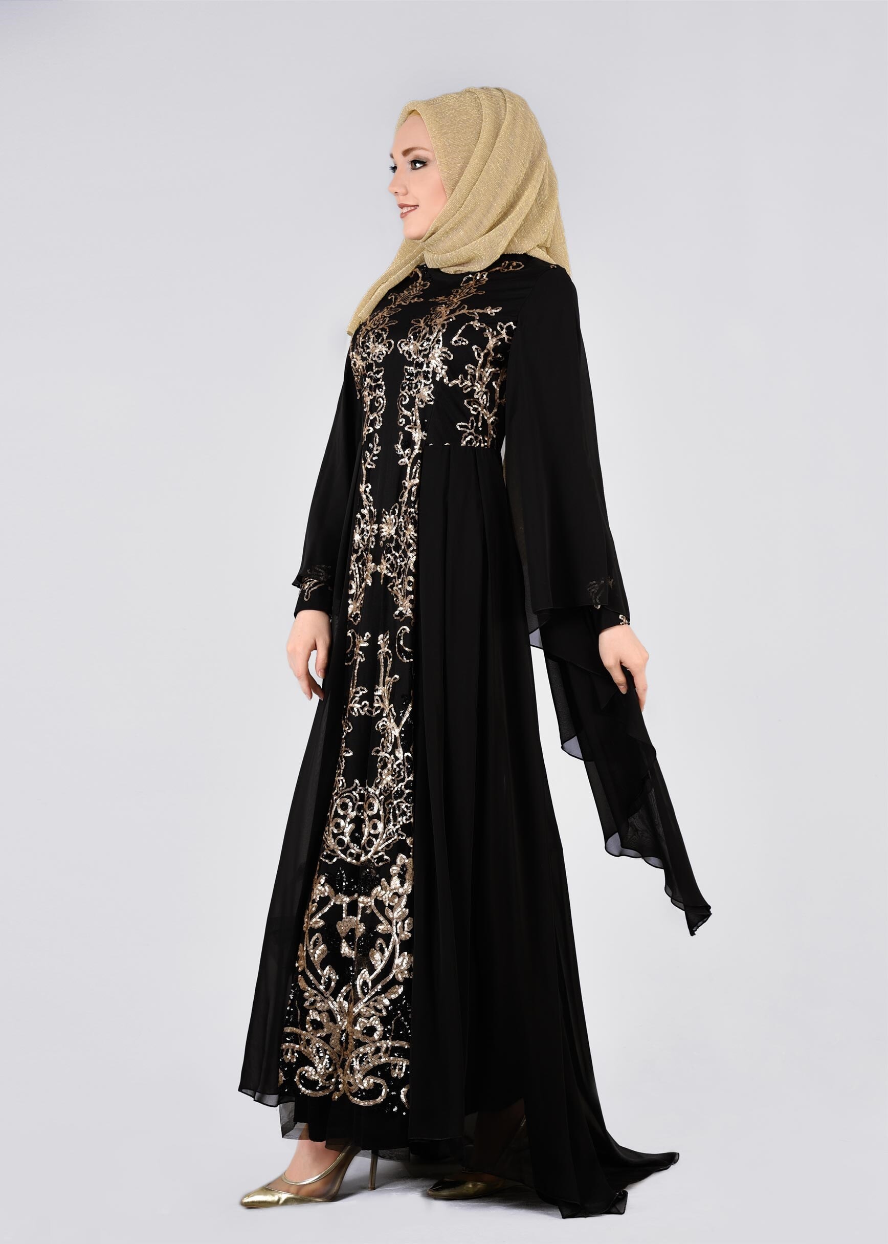 Tesettür giyim SİYAH PUL PAYET İŞLEMELİ ŞİFON ABİYE ELBİSE 5384