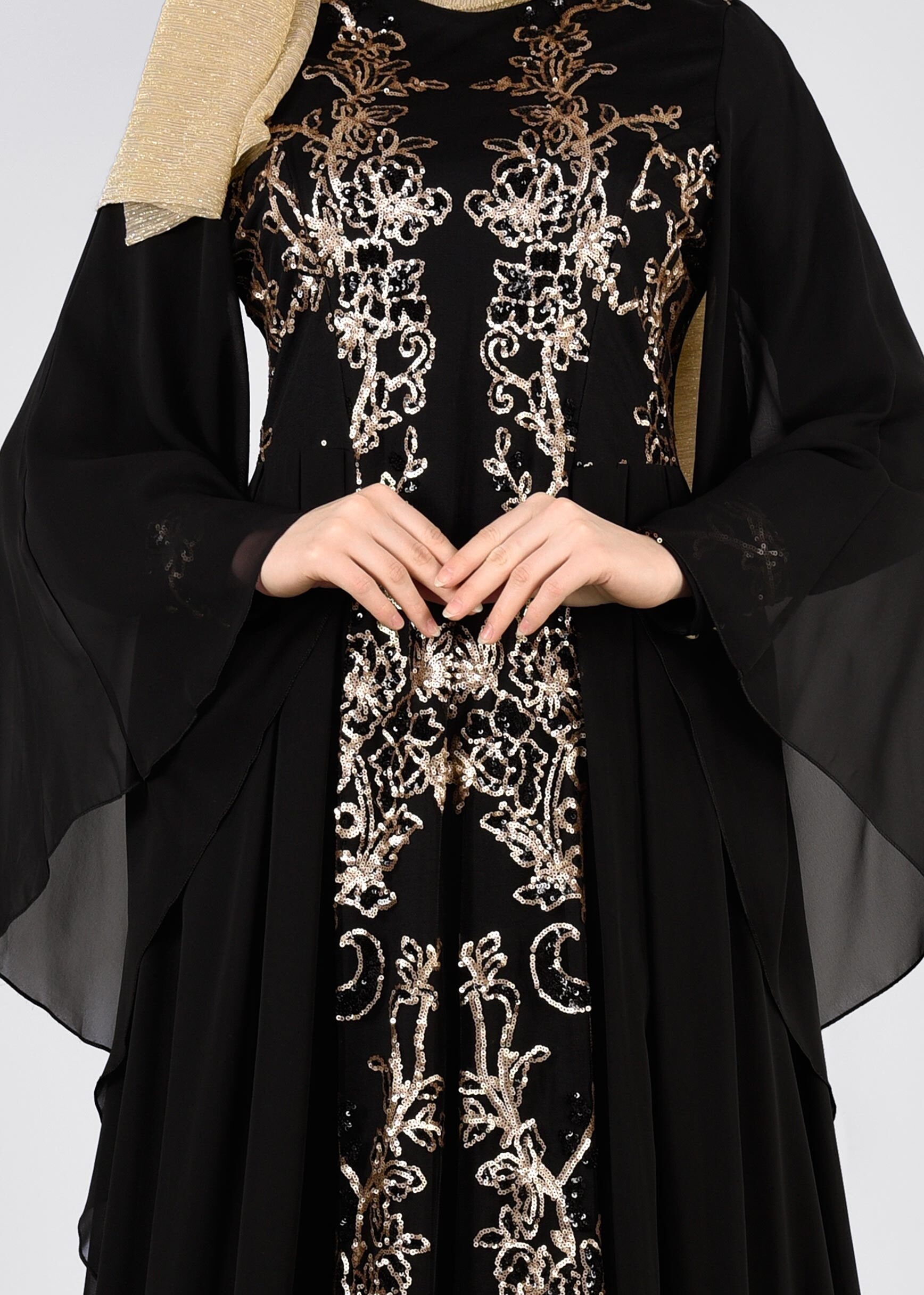 Tesettür giyim SİYAH PUL PAYET İŞLEMELİ ŞİFON ABİYE ELBİSE 5384