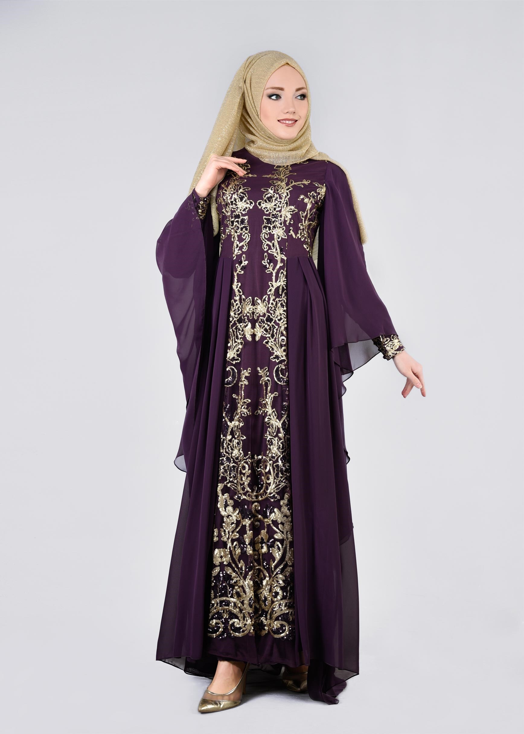 Tesettür giyim MOR PUL PAYET İŞLEMELİ ŞİFON ABİYE ELBİSE 5384