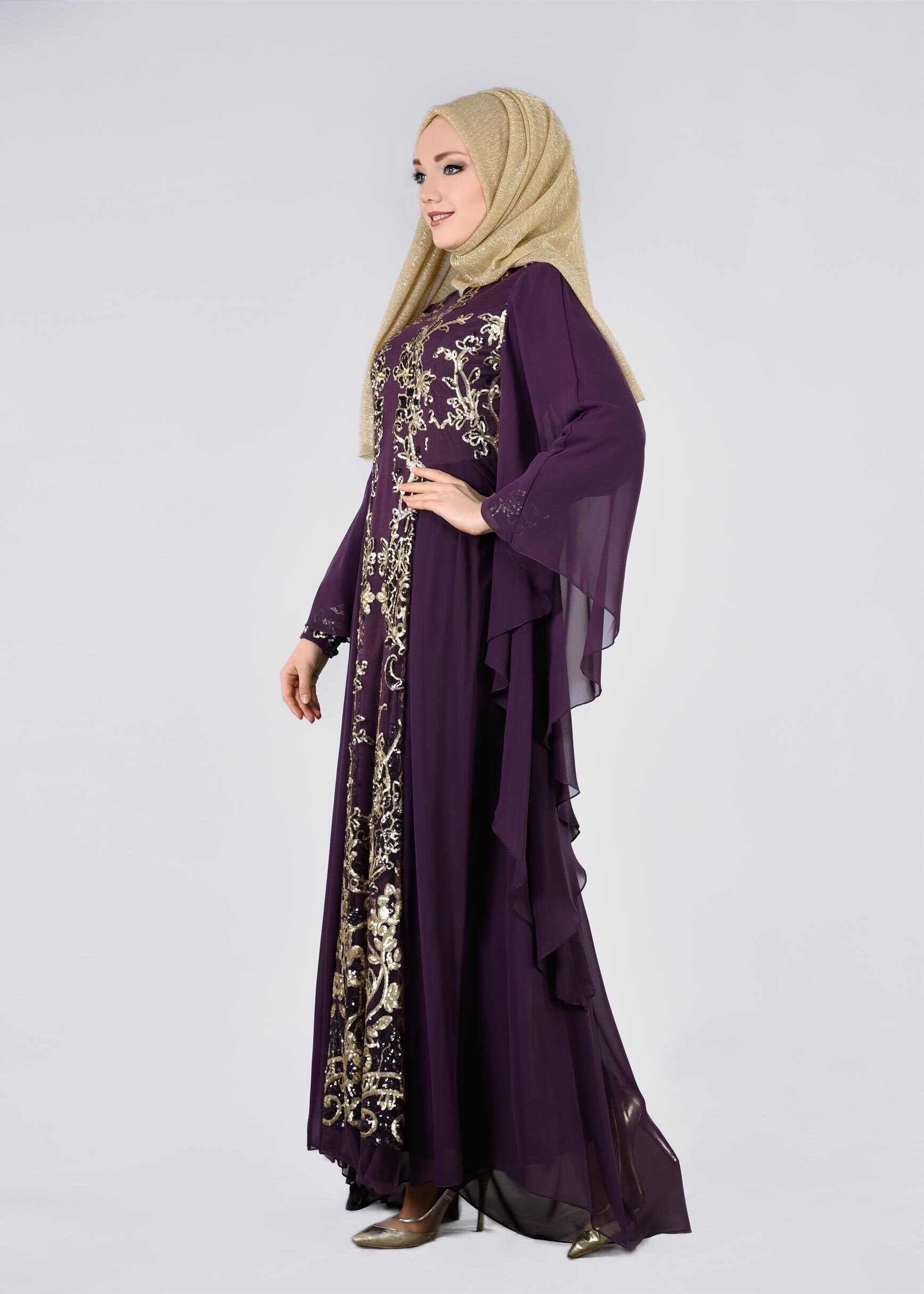 Tesettür giyim MOR PUL PAYET İŞLEMELİ ŞİFON ABİYE ELBİSE 5384