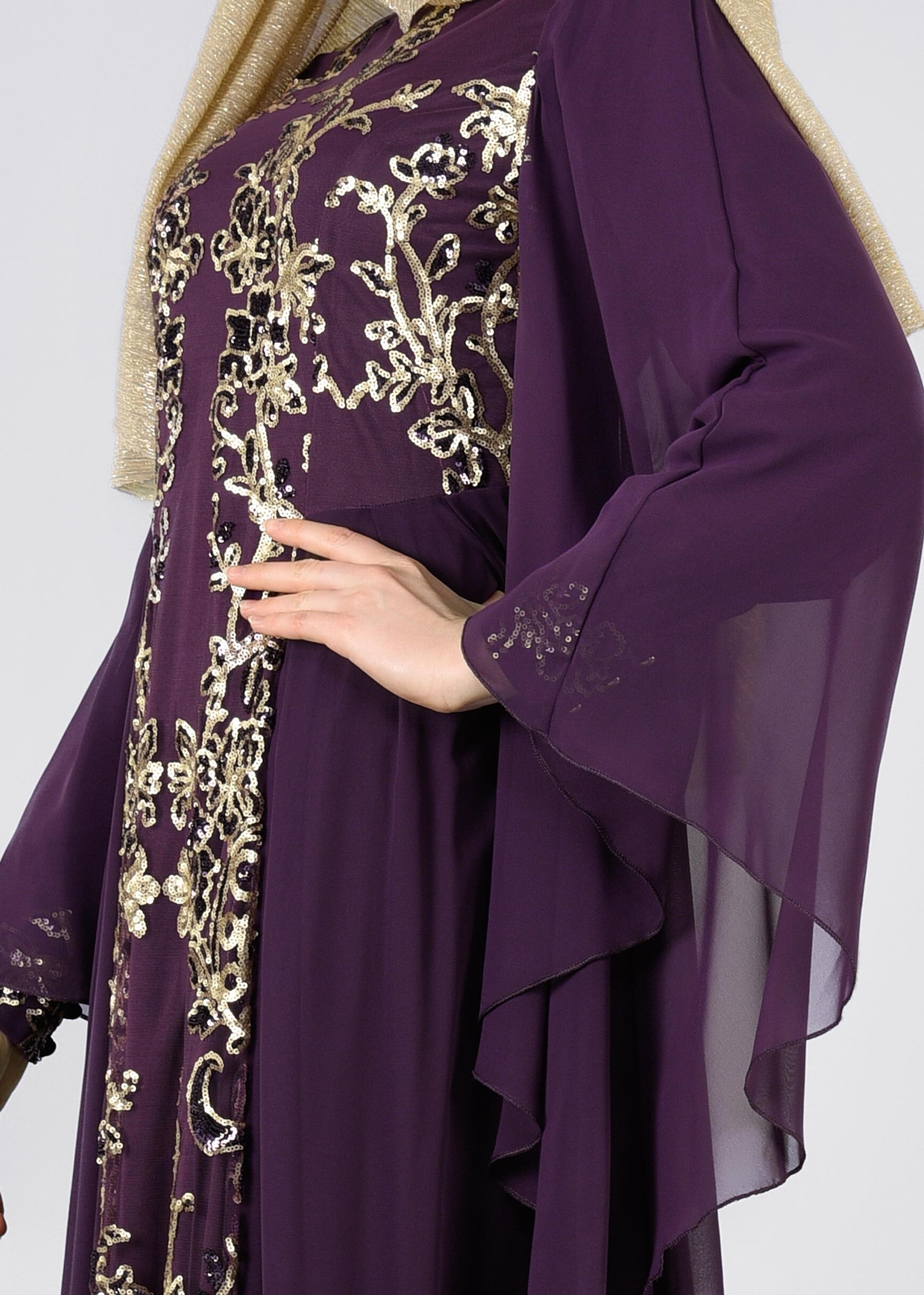 Tesettür giyim MOR PUL PAYET İŞLEMELİ ŞİFON ABİYE ELBİSE 5384