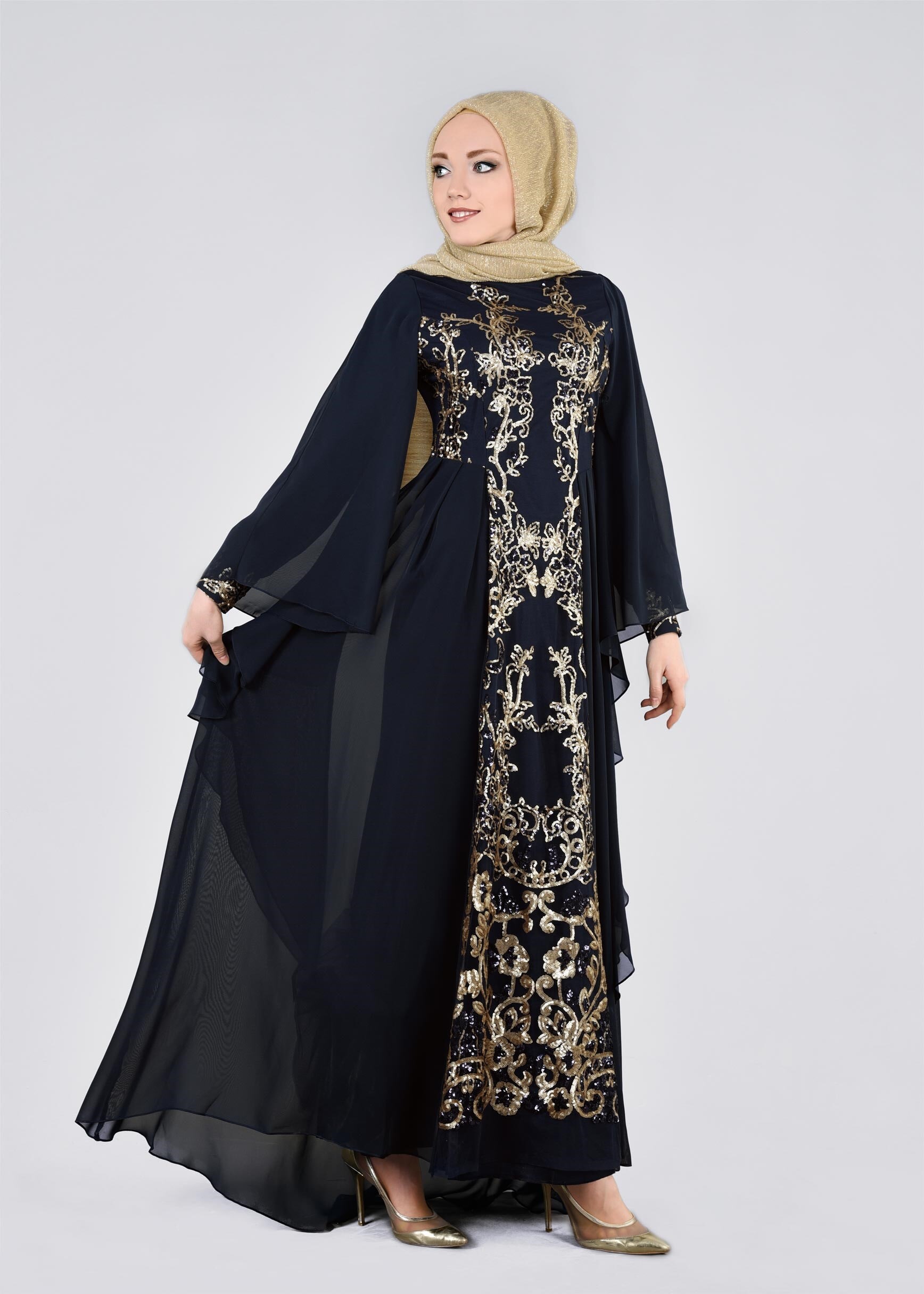 Tesettür giyim LACİVERT PUL PAYET İŞLEMELİ ŞİFON ABİYE ELBİSE 5384