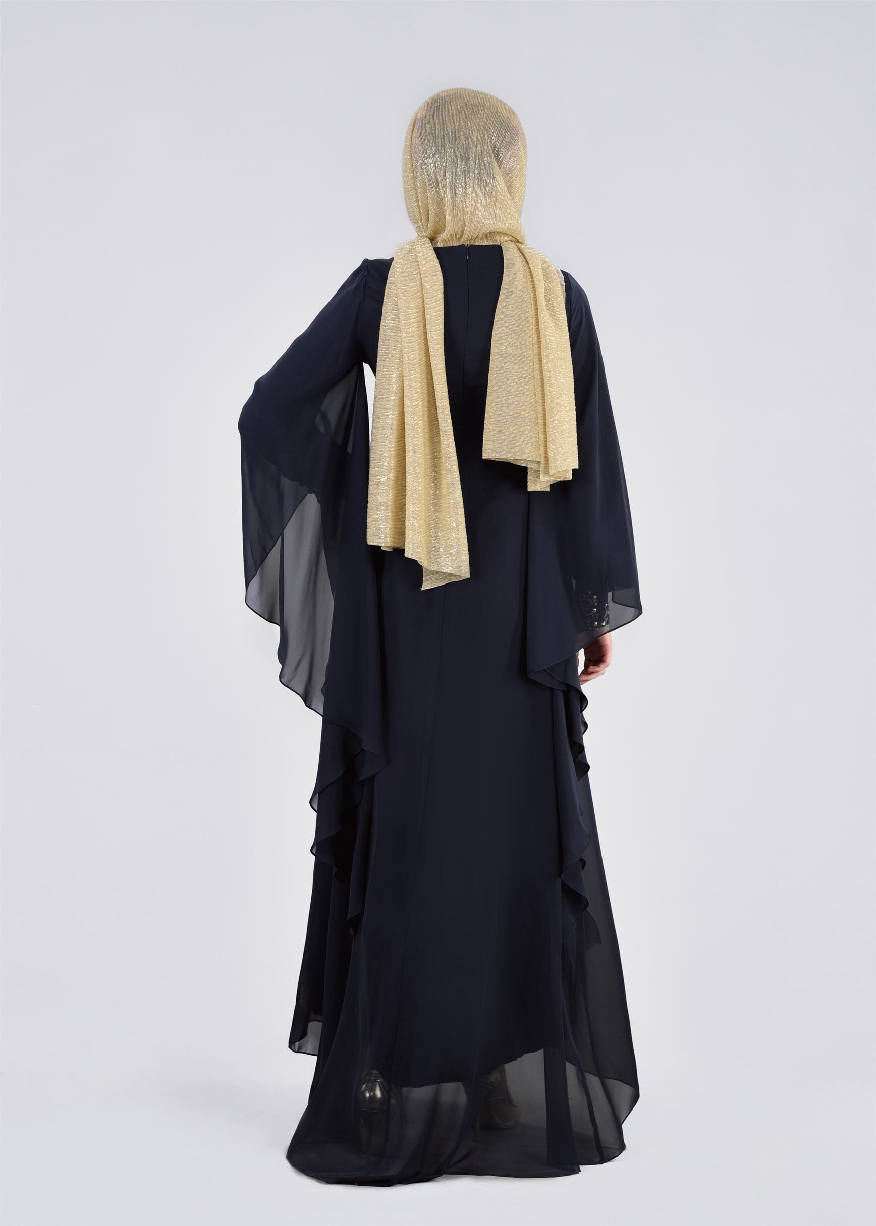 Tesettür giyim LACİVERT PUL PAYET İŞLEMELİ ŞİFON ABİYE ELBİSE 5384