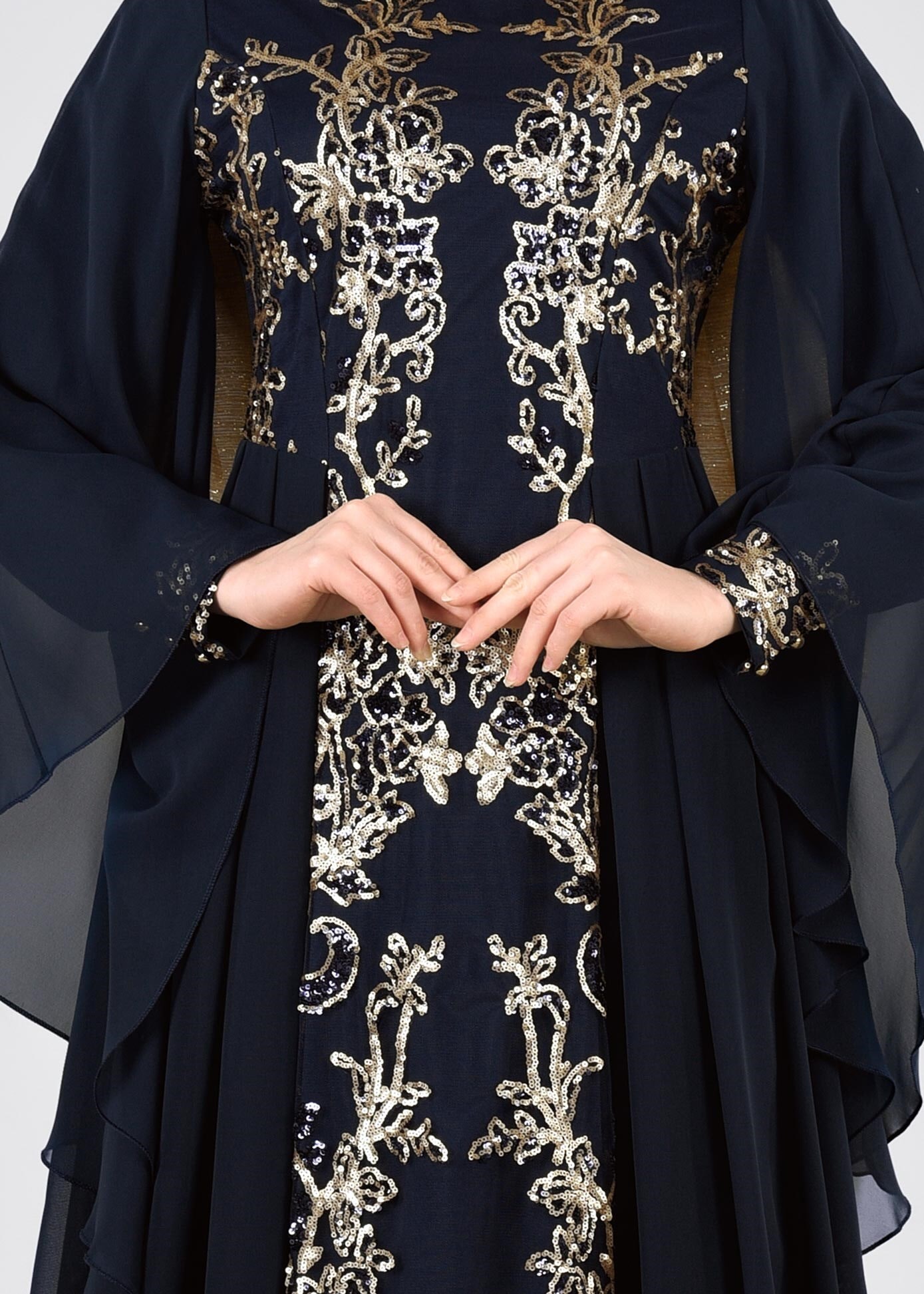 Tesettür giyim LACİVERT PUL PAYET İŞLEMELİ ŞİFON ABİYE ELBİSE 5384