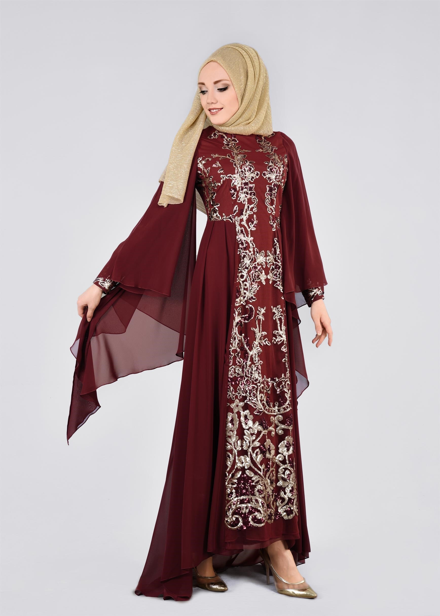 Tesettür giyim BORDO PUL PAYET İŞLEMELİ ŞİFON ABİYE ELBİSE 5384
