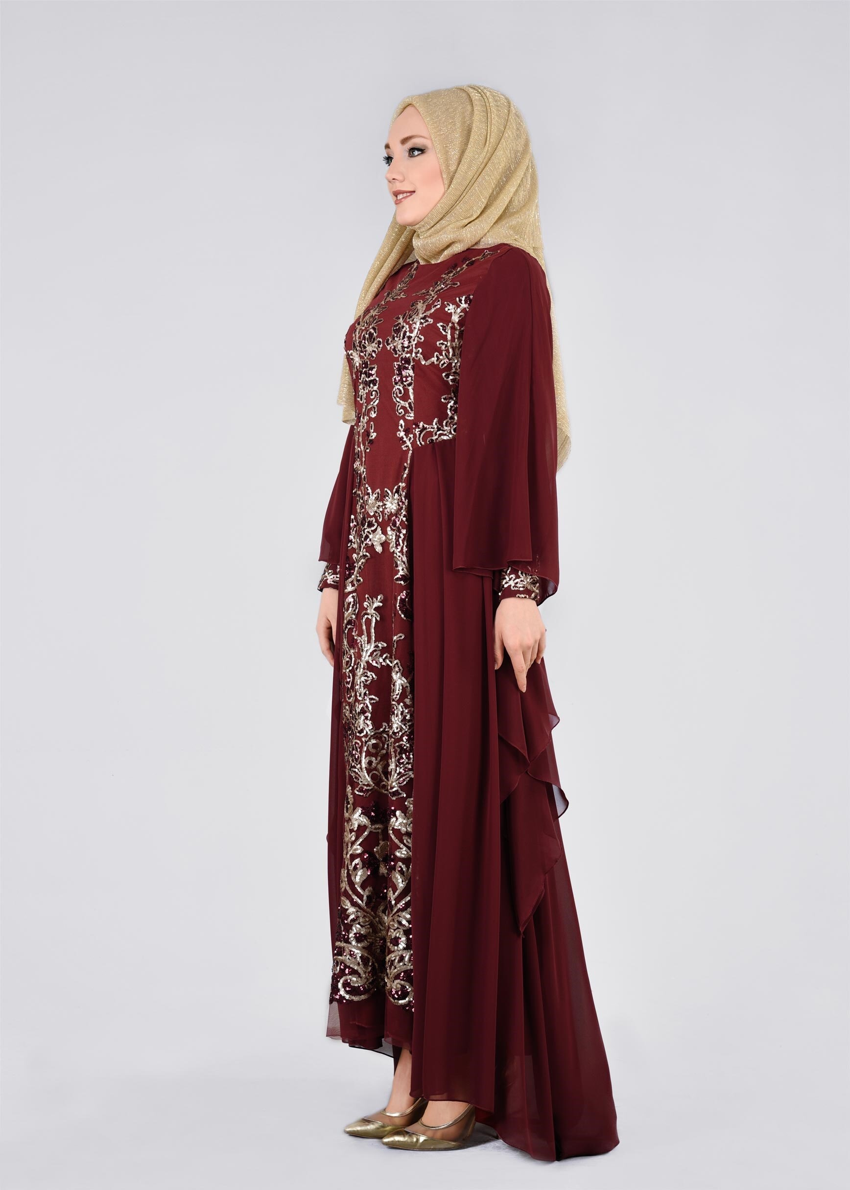Tesettür giyim BORDO PUL PAYET İŞLEMELİ ŞİFON ABİYE ELBİSE 5384