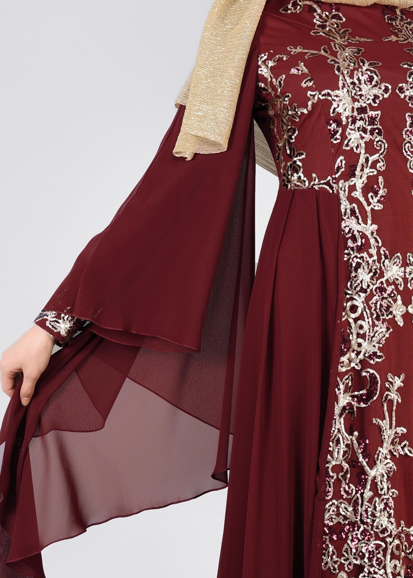 Tesettür giyim BORDO PUL PAYET İŞLEMELİ ŞİFON ABİYE ELBİSE 5384