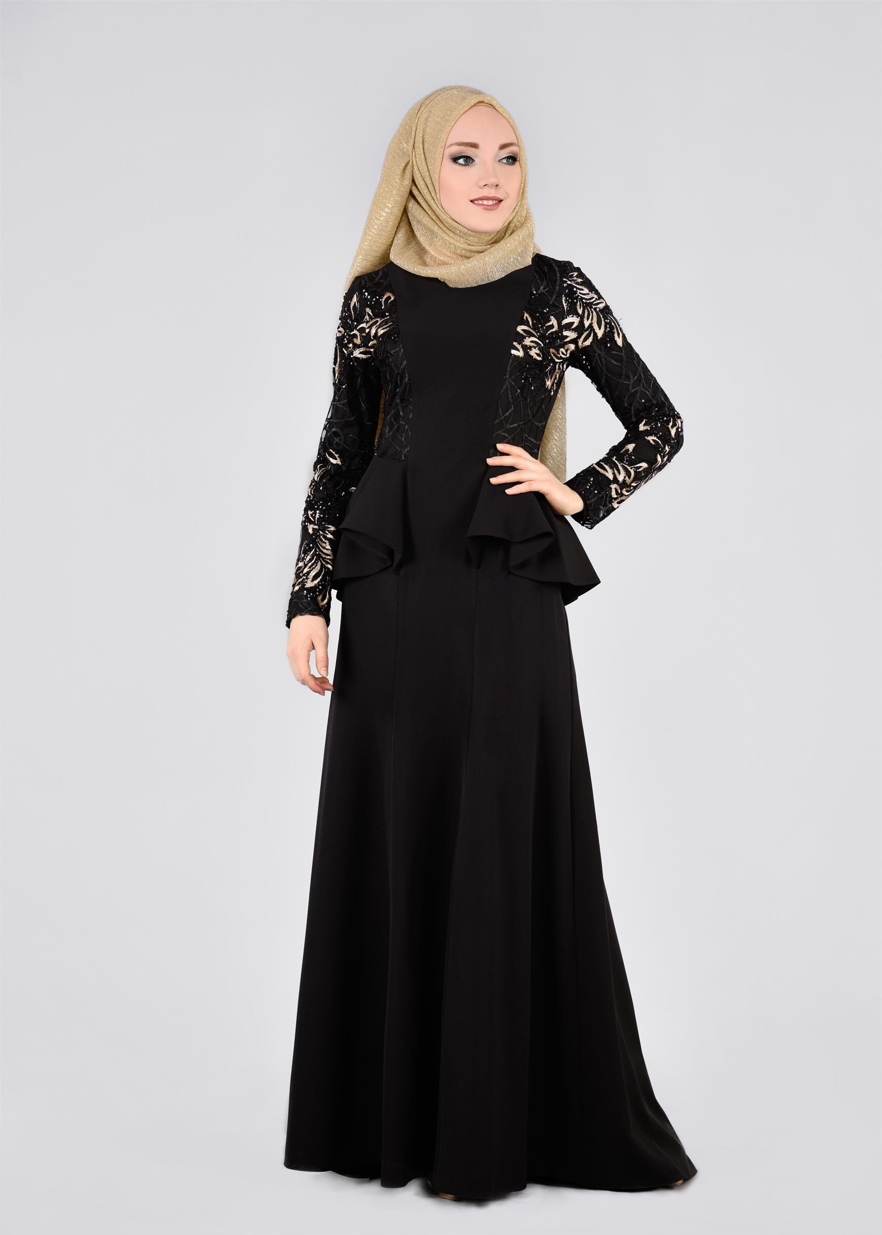 Tesettür giyim SİYAH PUL PAYETLİ VOLAN DETAYLI ABİYE ELBİSE 5387