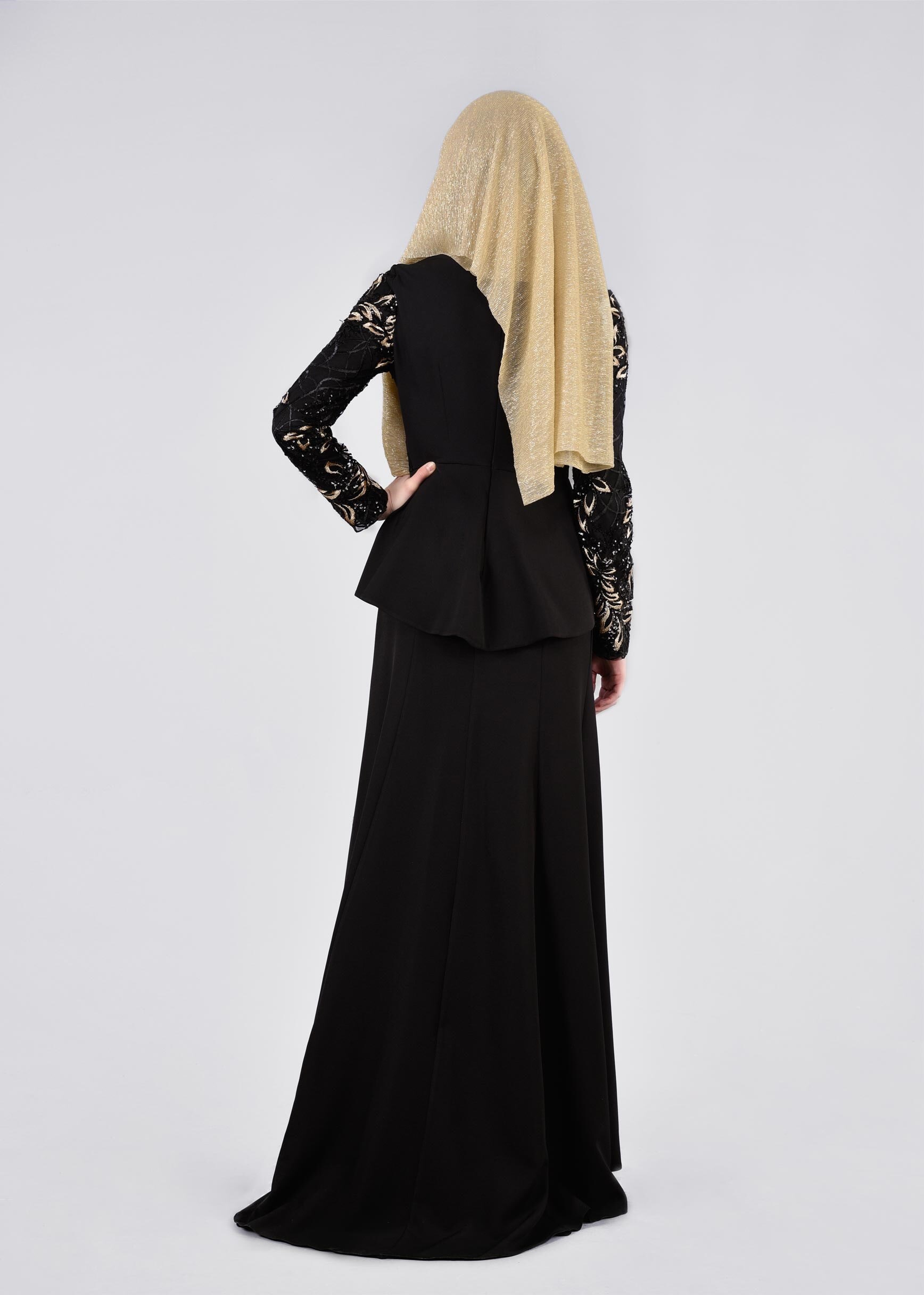 Tesettür giyim SİYAH PUL PAYETLİ VOLAN DETAYLI ABİYE ELBİSE 5387