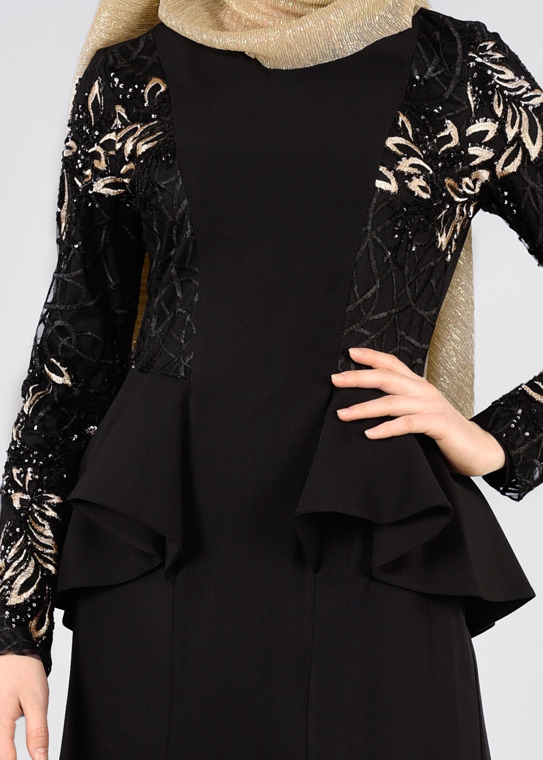 Tesettür giyim SİYAH PUL PAYETLİ VOLAN DETAYLI ABİYE ELBİSE 5387