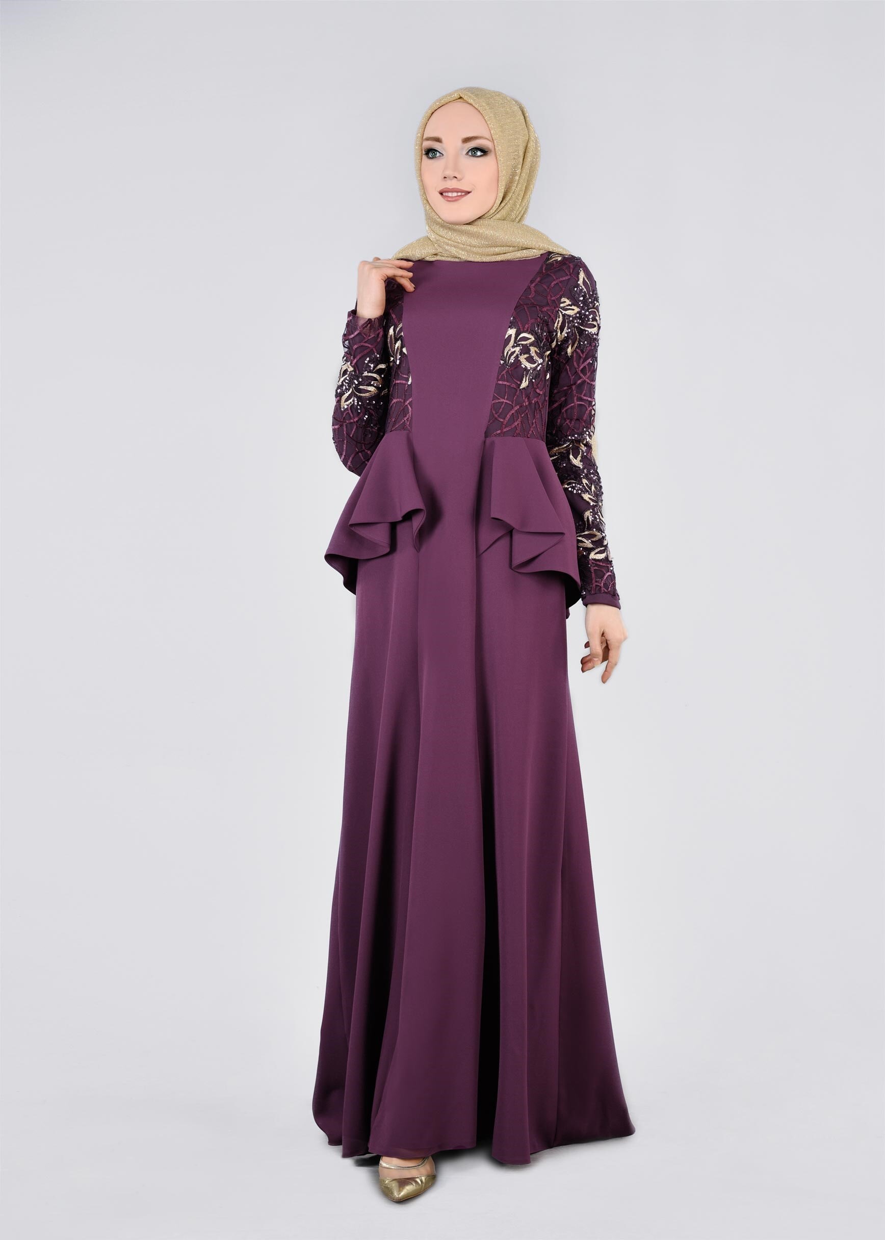 Tesettür giyim MOR PUL PAYETLİ VOLAN DETAYLI ABİYE ELBİSE 5387