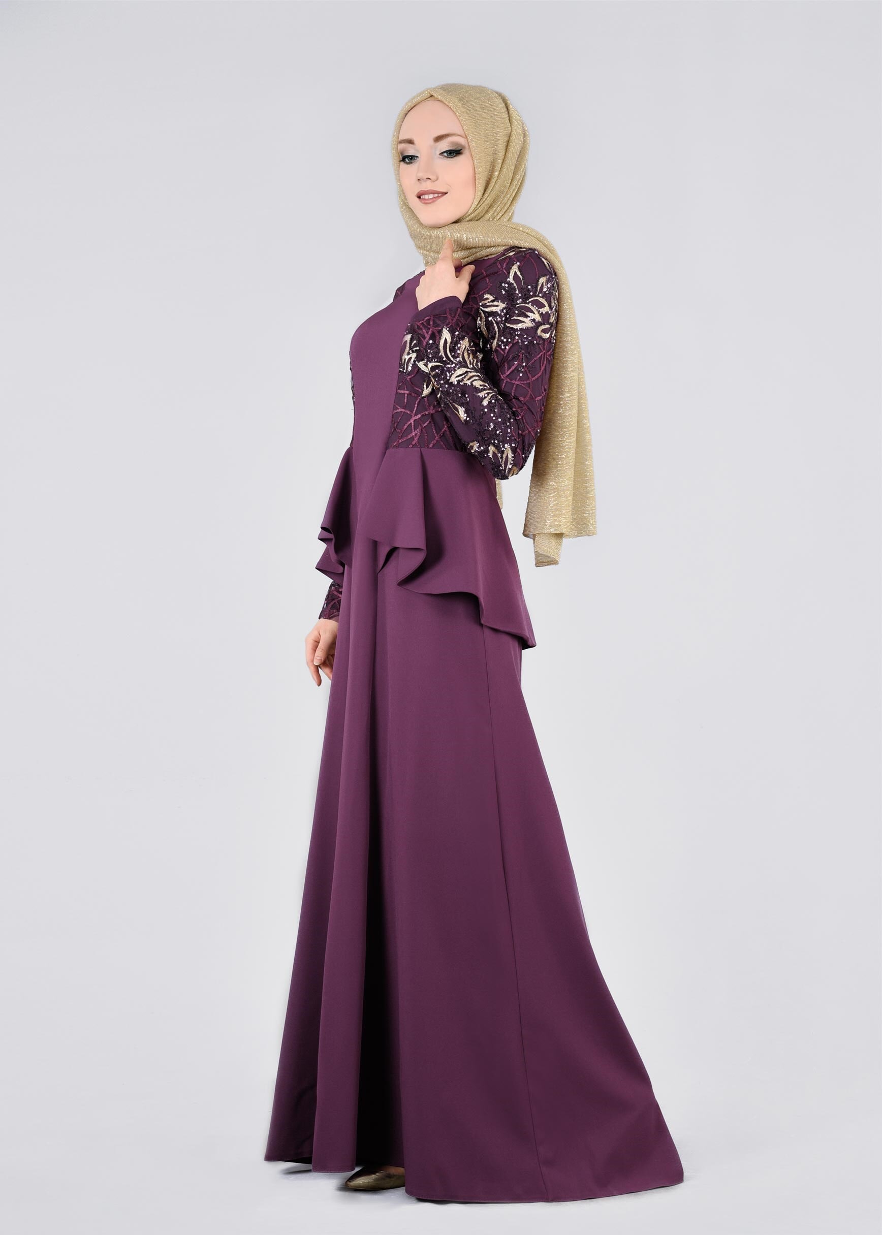 Tesettür giyim MOR PUL PAYETLİ VOLAN DETAYLI ABİYE ELBİSE 5387