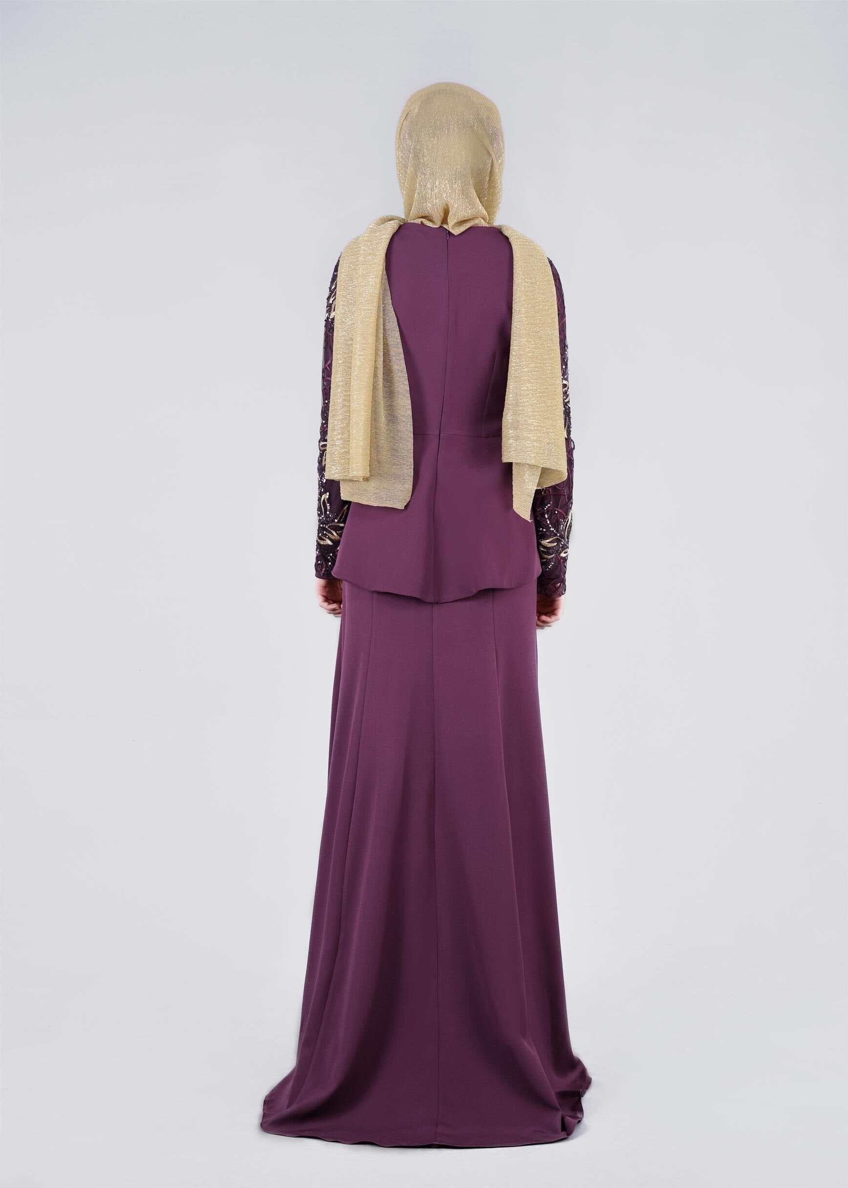 Tesettür giyim MOR PUL PAYETLİ VOLAN DETAYLI ABİYE ELBİSE 5387