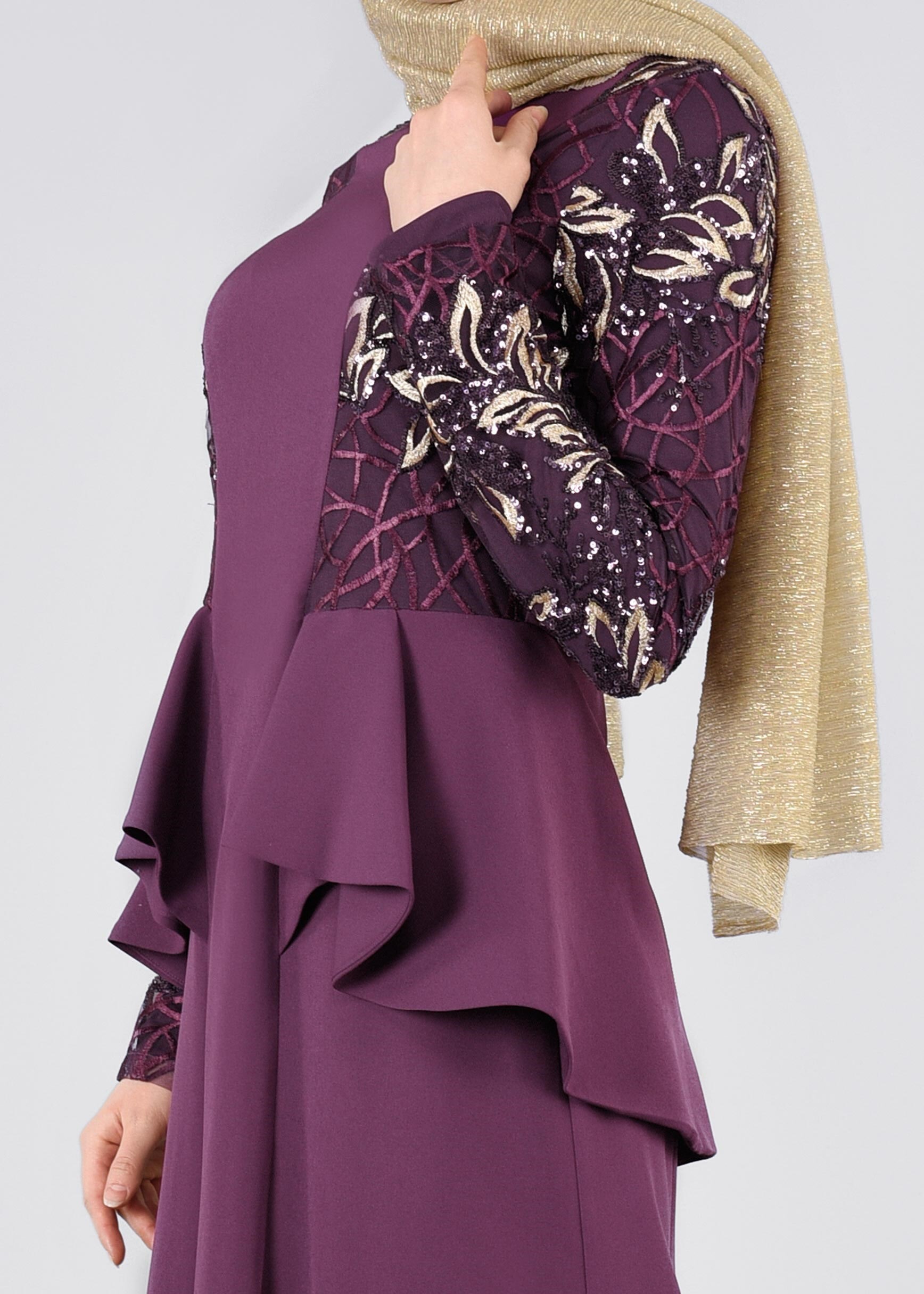 Tesettür giyim MOR PUL PAYETLİ VOLAN DETAYLI ABİYE ELBİSE 5387
