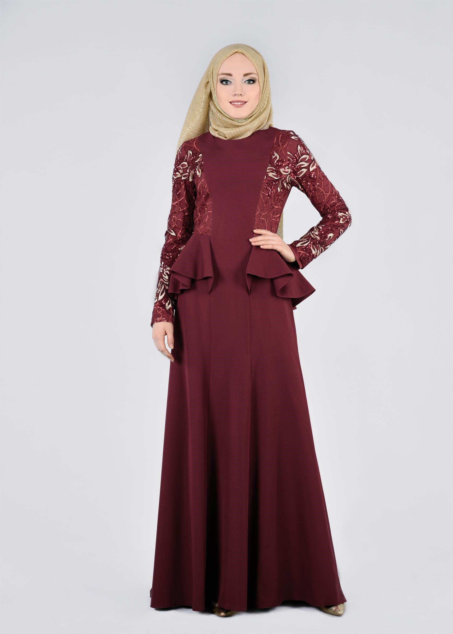 Tesettür giyim BORDO PUL PAYETLİ VOLAN DETAYLI ABİYE ELBİSE 5387