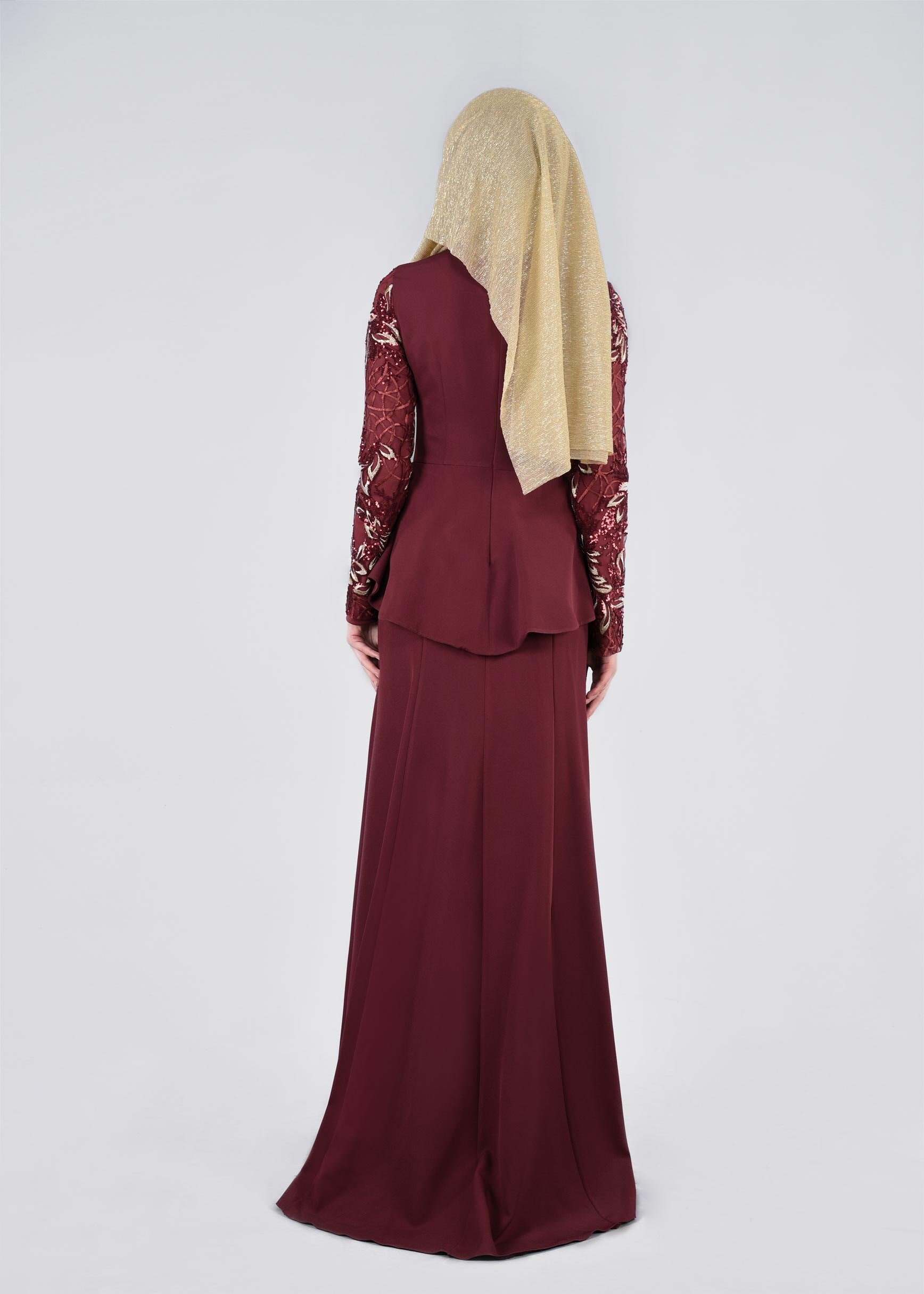 Tesettür giyim BORDO PUL PAYETLİ VOLAN DETAYLI ABİYE ELBİSE 5387