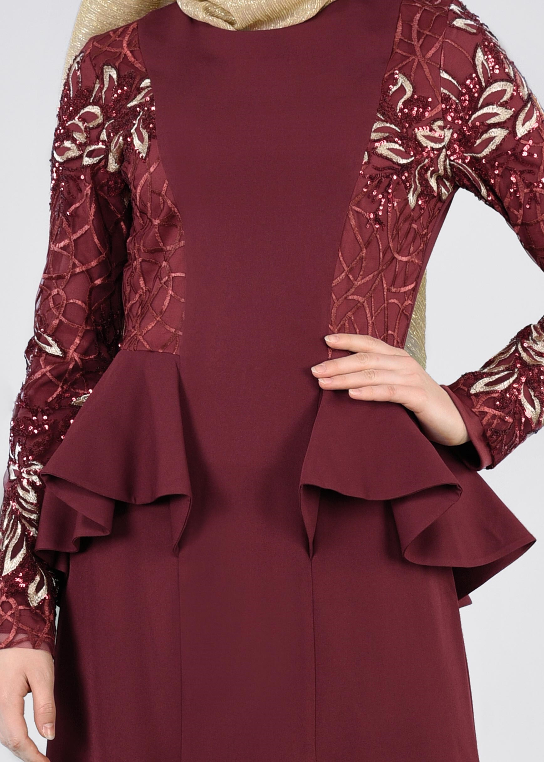 Tesettür giyim BORDO PUL PAYETLİ VOLAN DETAYLI ABİYE ELBİSE 5387