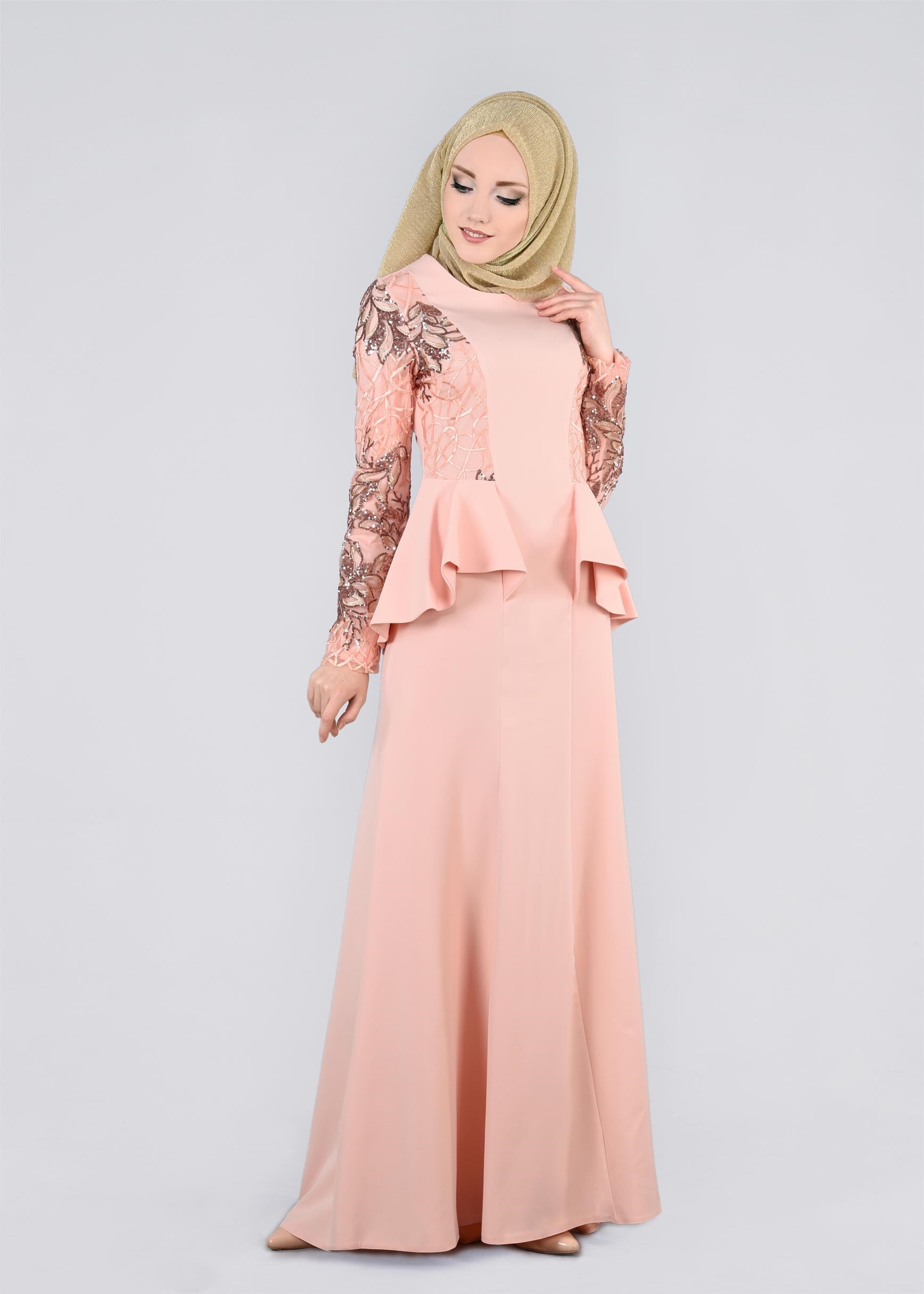 Tesettür giyim PUDRA PUL PAYETLİ VOLAN DETAYLI ABİYE ELBİSE 5387
