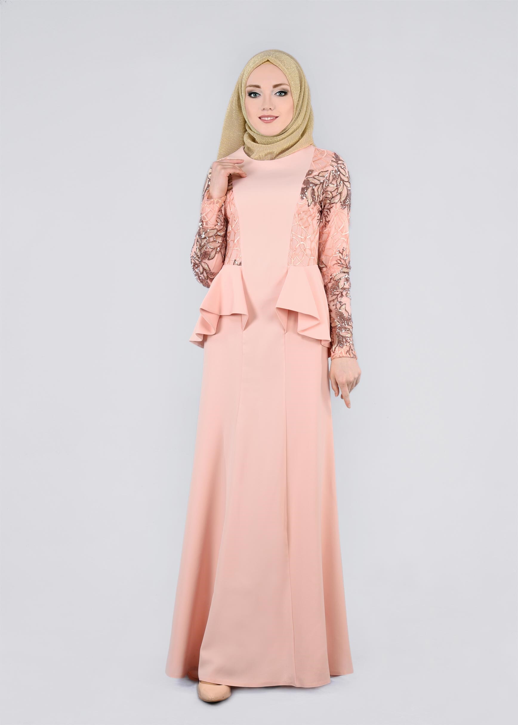 Tesettür giyim PUDRA PUL PAYETLİ VOLAN DETAYLI ABİYE ELBİSE 5387
