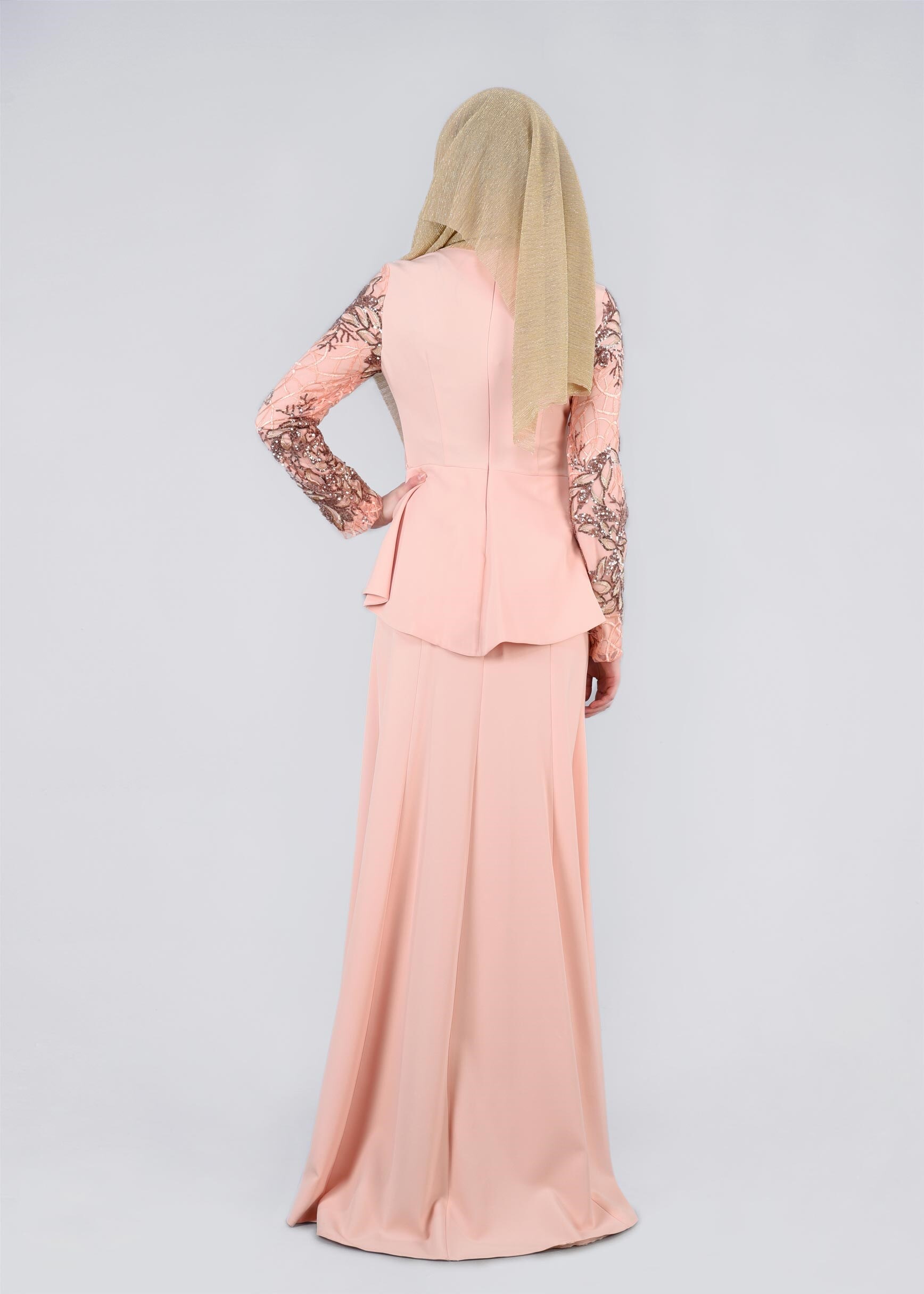 Tesettür giyim PUDRA PUL PAYETLİ VOLAN DETAYLI ABİYE ELBİSE 5387