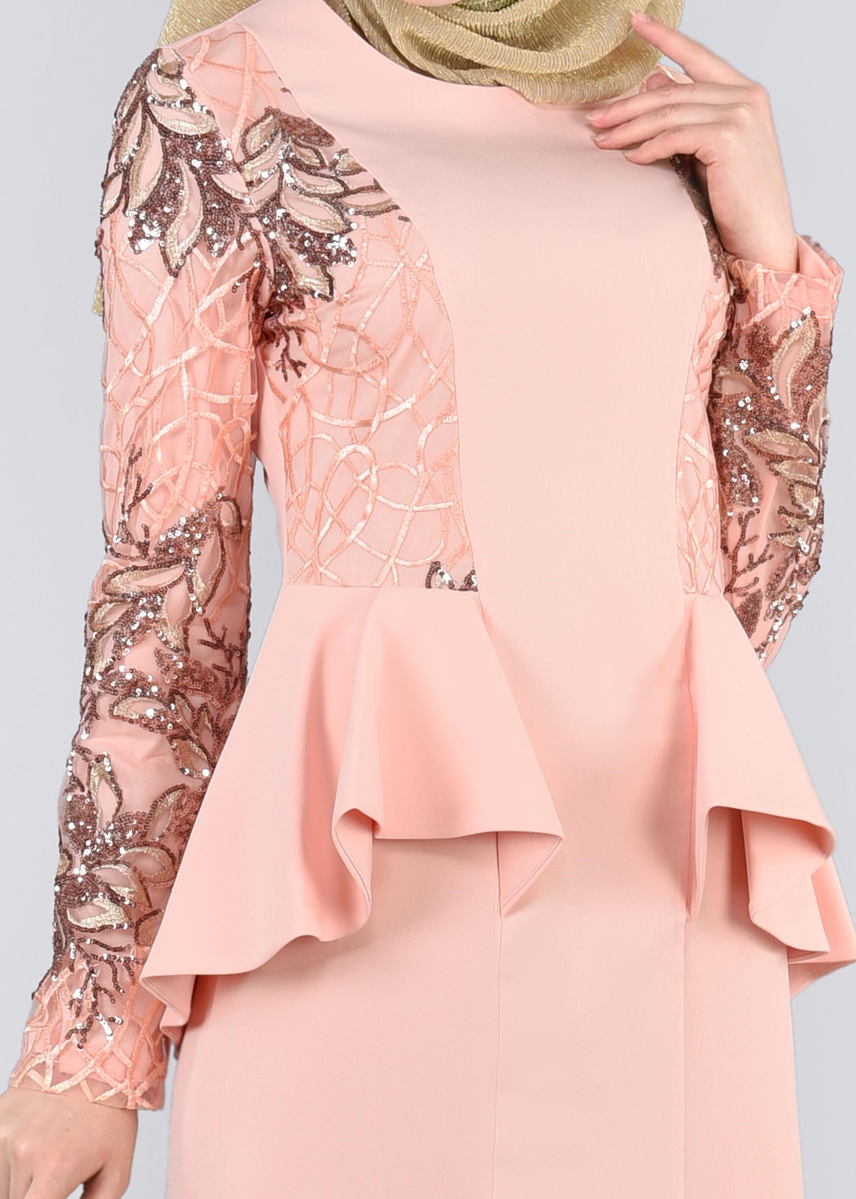 Tesettür giyim PUDRA PUL PAYETLİ VOLAN DETAYLI ABİYE ELBİSE 5387