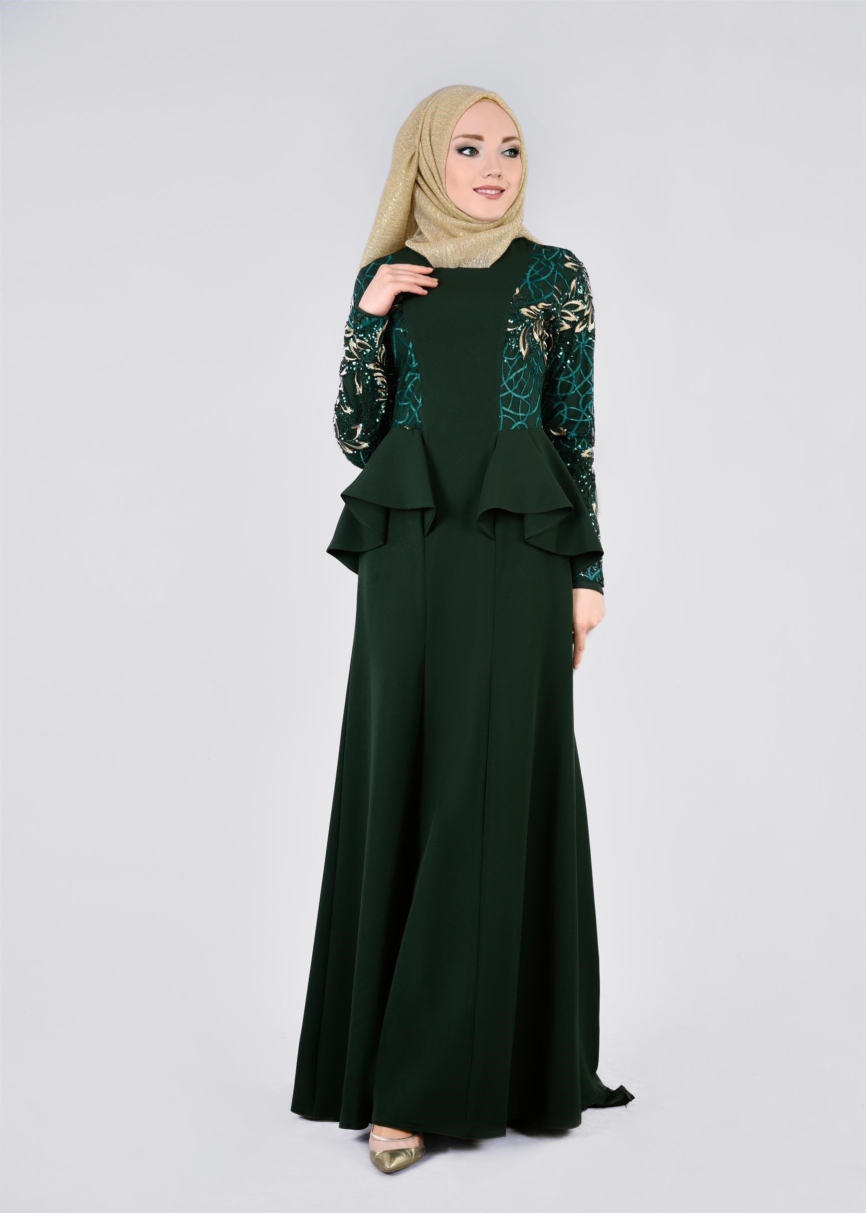 Hijab clothing GREEN SEQUINED FRILL DETAIL EVENING DRESS 5387