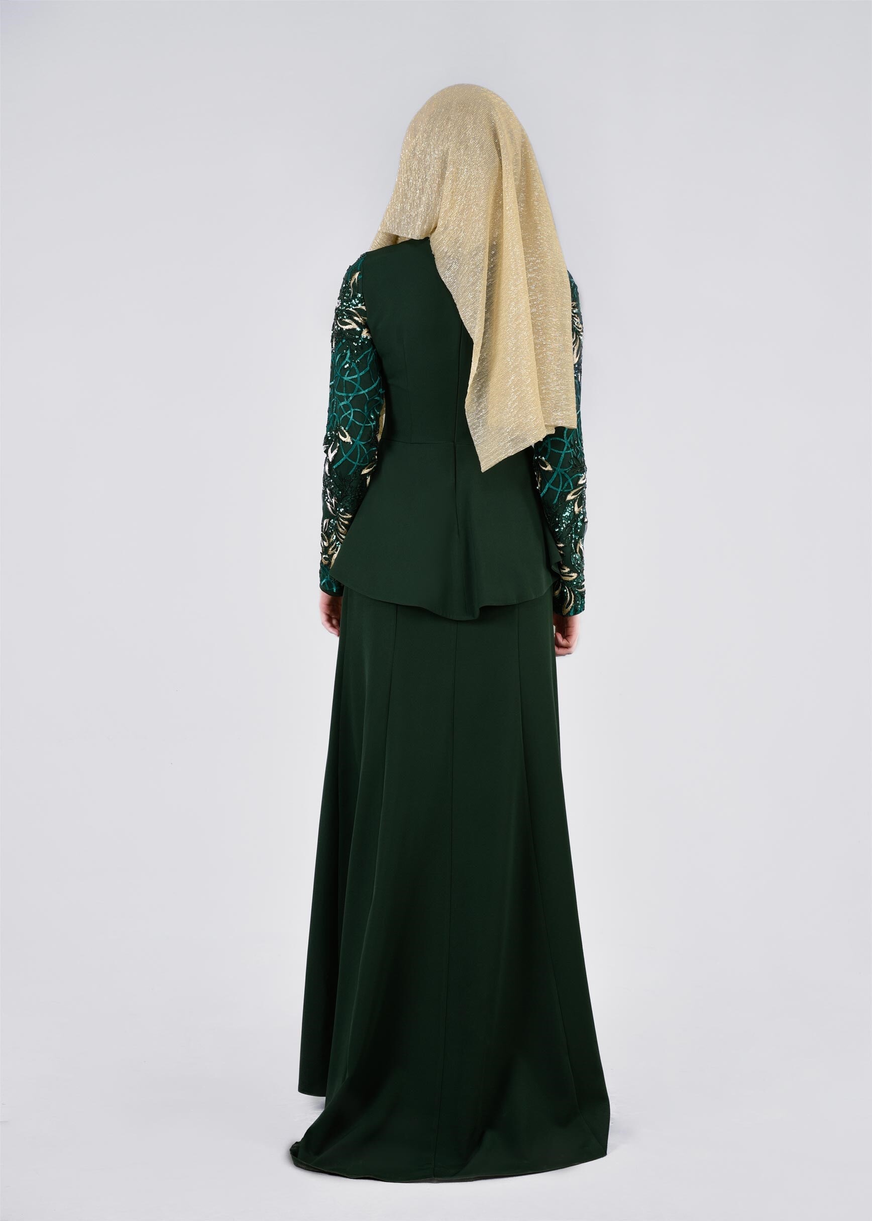 Hijab clothing GREEN SEQUINED FRILL DETAIL EVENING DRESS 5387